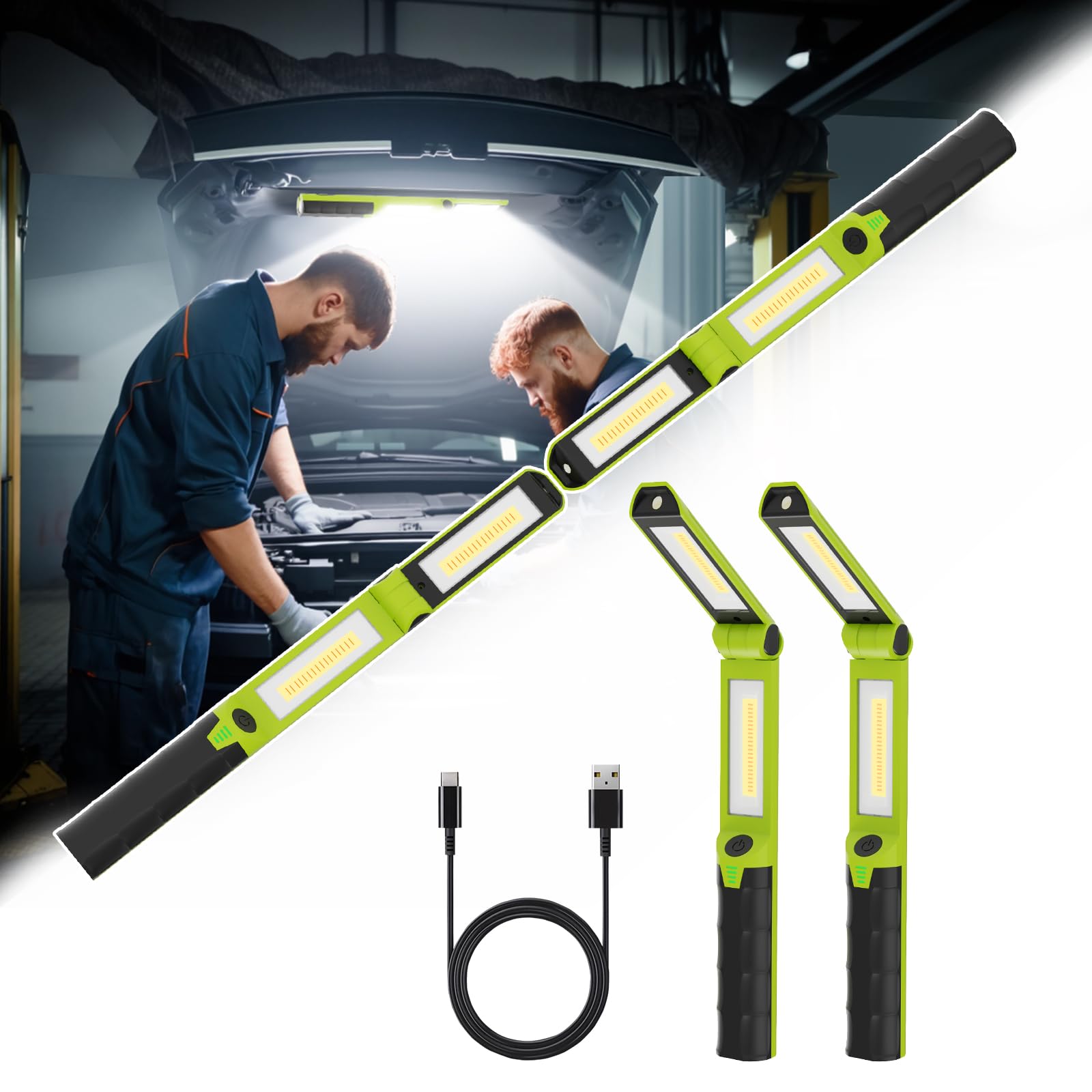 2 PCS Work Light Magnetic 2600ML LED Mechanic Lights  Rechargeable Light  Underhood Light with Hooks for Car Repairing/Garage/Workshop/Emergency/Inspection