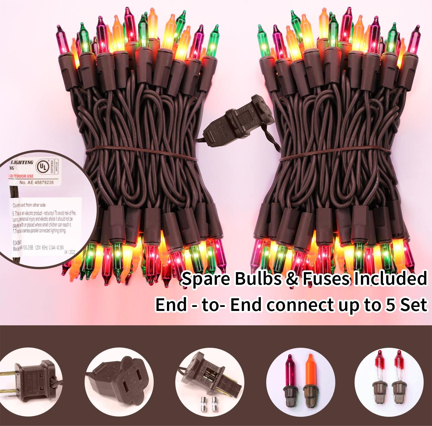 GLOWNOVA 100 Mini String Lights - Multicolor Incandescent Bulbs on Brown Wire for Indoor Halloween, Garland, Party, and Wedding Decor