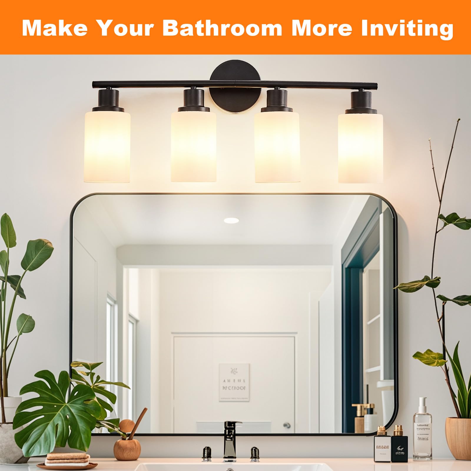 DINGLILIGHTING DLLT 4-Light Bathroom Light Fixtures - Black Metal Vanity Lights with Milky White Glass Shade