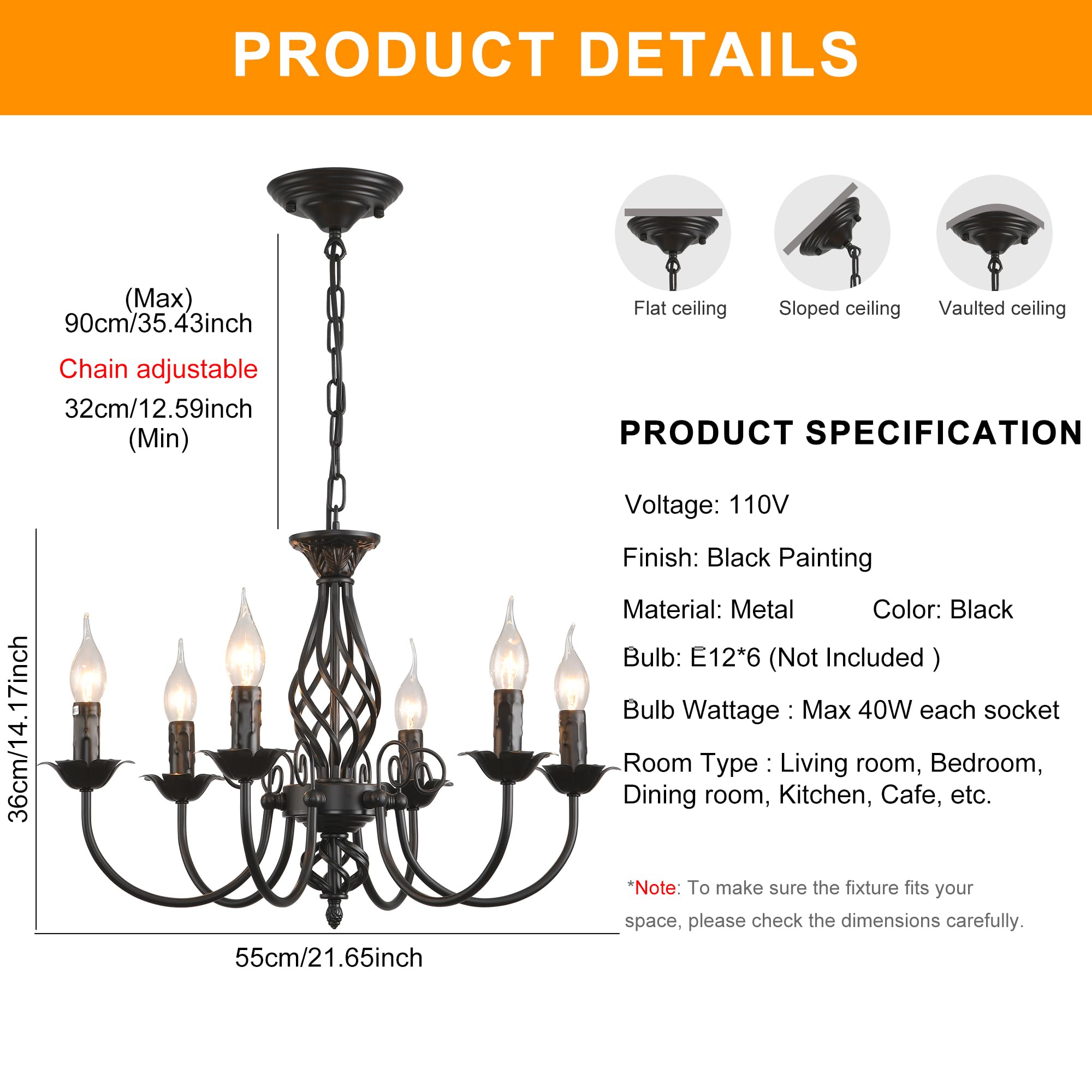 Jaycomey 6-Light Farmhouse Candle Chandelier, Matte Black Metal Pendant Light, Model 7300H-6-B, for Dining Room & Living Spaces