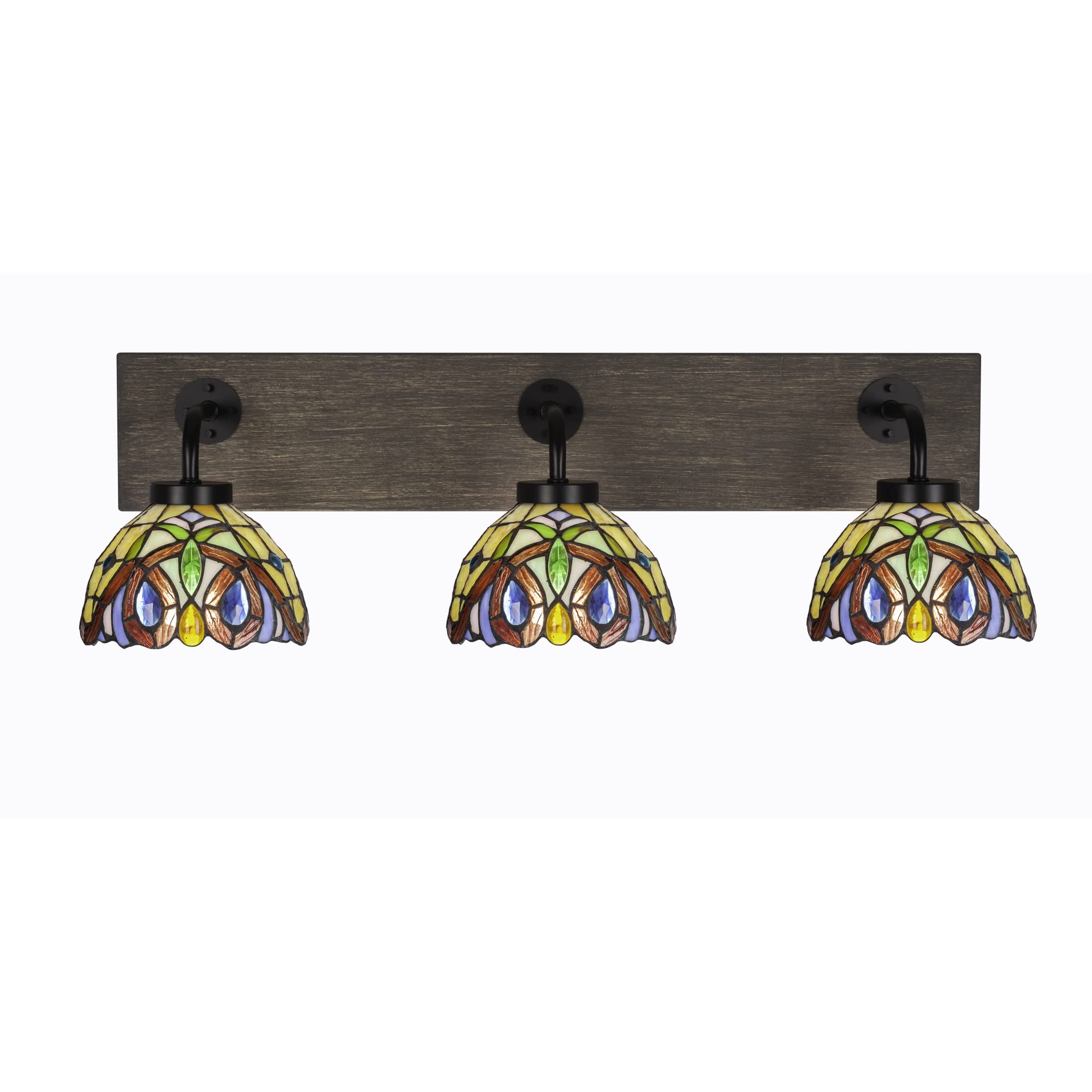 Oxbridge 3 Light Bath Bar In Matte Black & Painted Distressed Wood-Look Metal Finish With 7" Lynx Art Glass