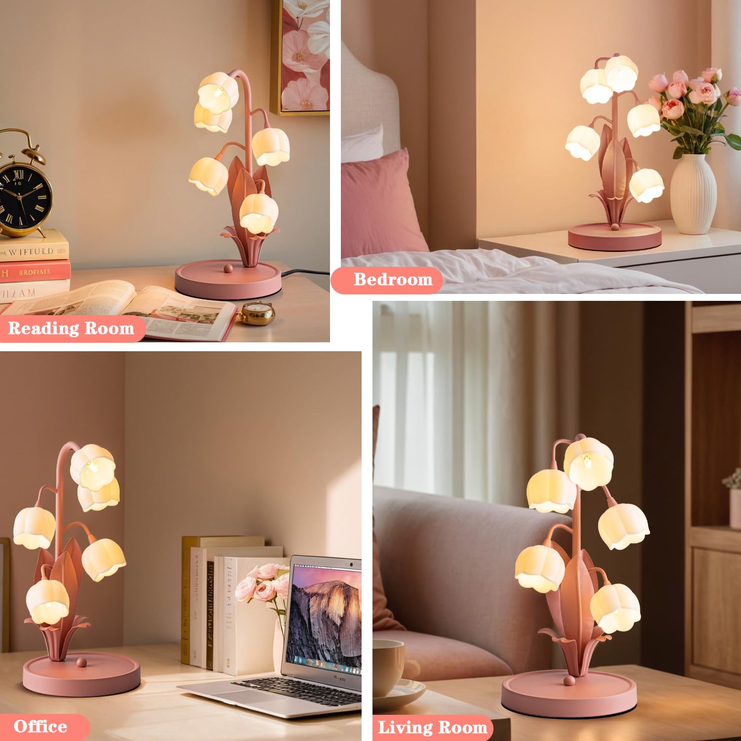 WERFOP Flower Table Lamp, Vintage Desk Lamp, 3 Color Modes, Medium Size, Pink, Model WF-TL-1218-Pink