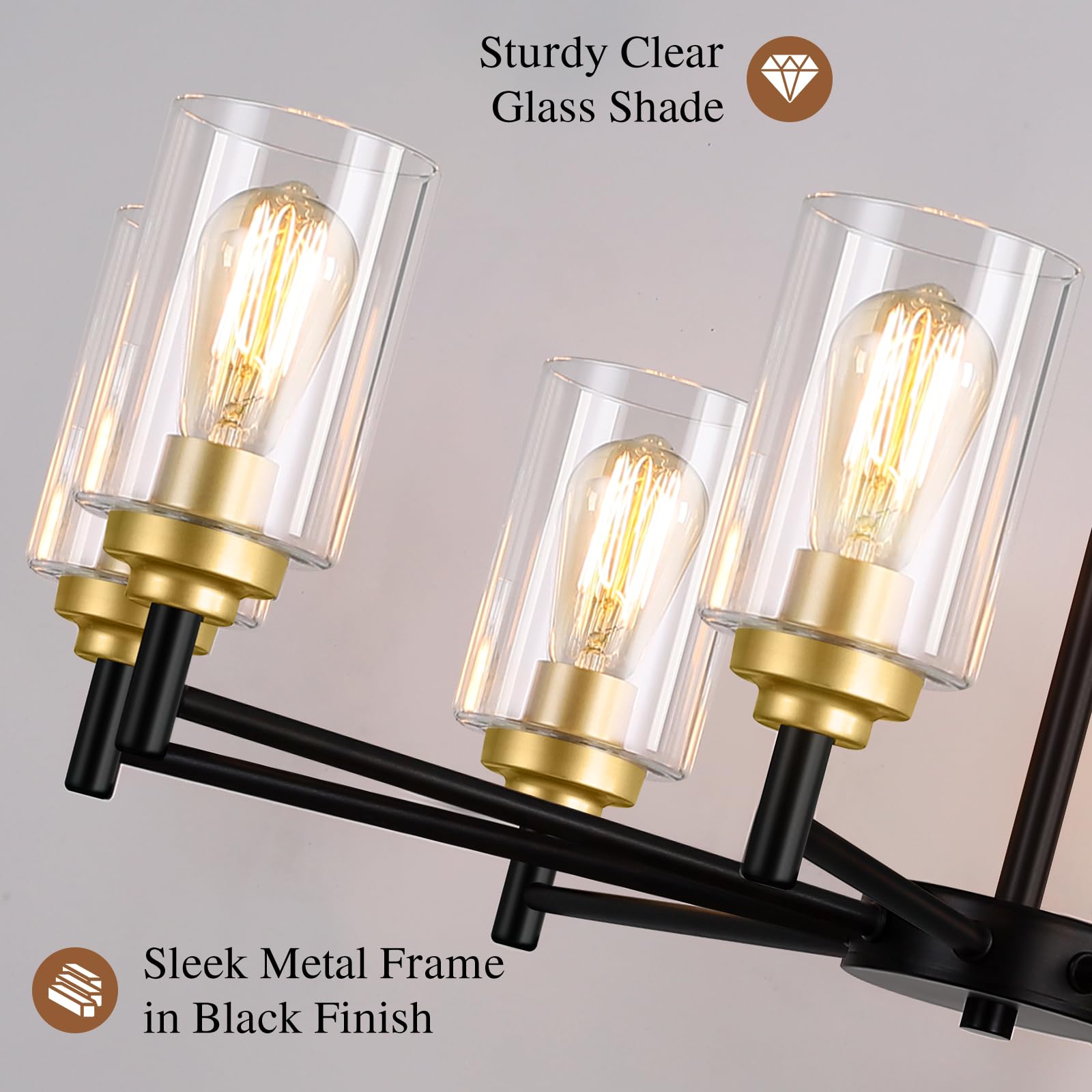 Sucolite 8-Light Black & Gold Chandelier - Modern Farmhouse Pendant Lighting For Dining Room, Height Adjustable, Model 3358-P8-Bk