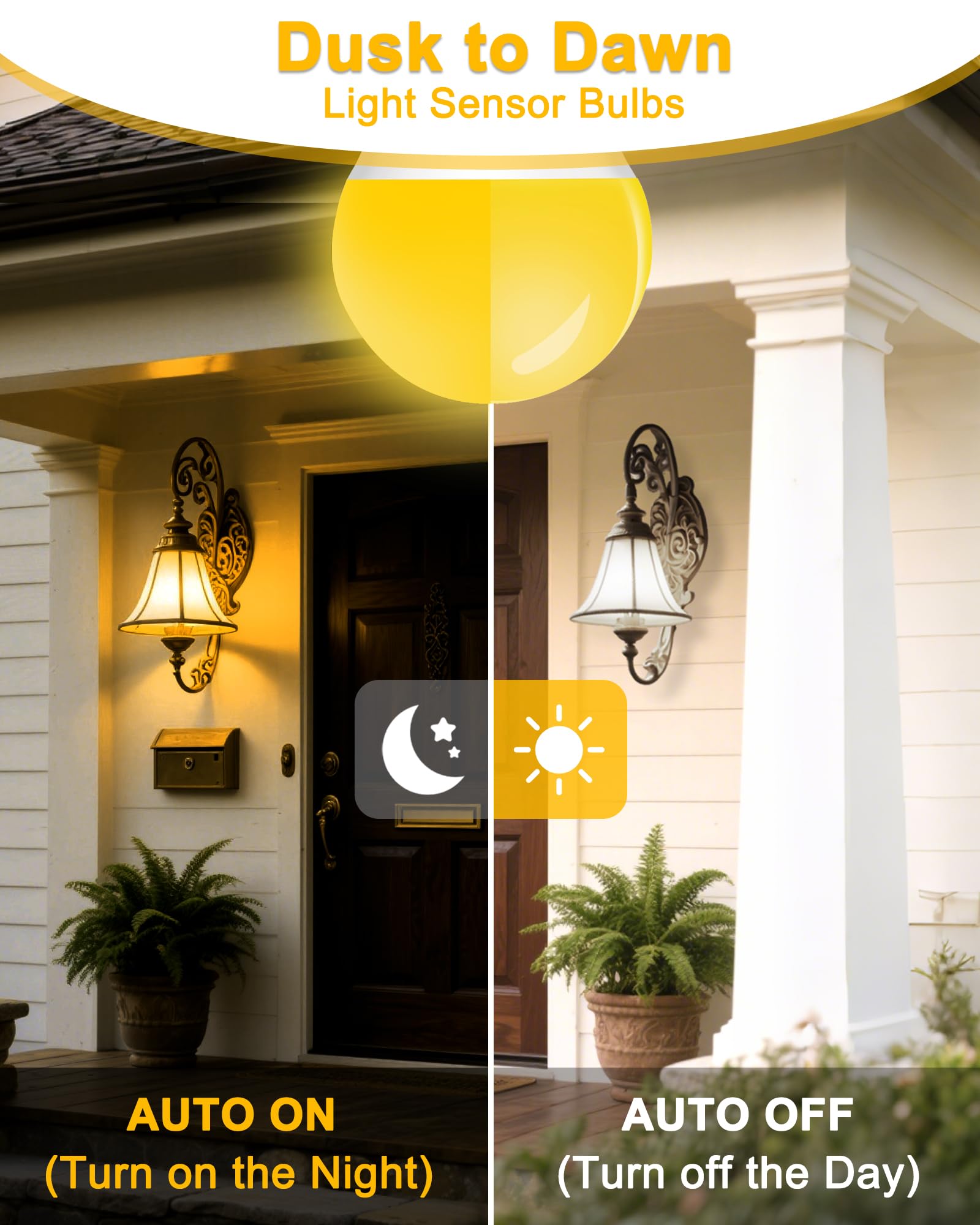 Baczao 9W Dusk to Dawn Amber Bug Light Bulbs, Auto Sensor, E26 Base, 2 Pack