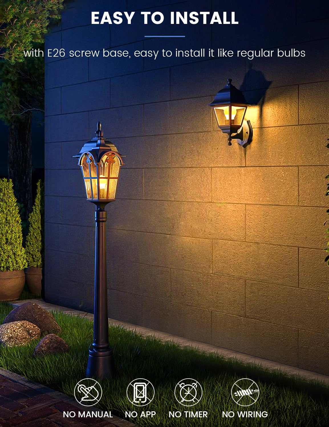 MikeWin Dusk to Dawn LED Light Bulbs, 12W (100W Equivalent), Warm White, 4 Pack, Auto ON/Off for Outdoor Use, Model QP6012SB