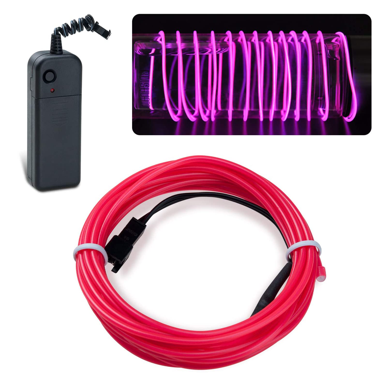 lychee EL Wire Neon Light - 9ft, Strobing, Battery Pack, Plastic, Pink, Model 011