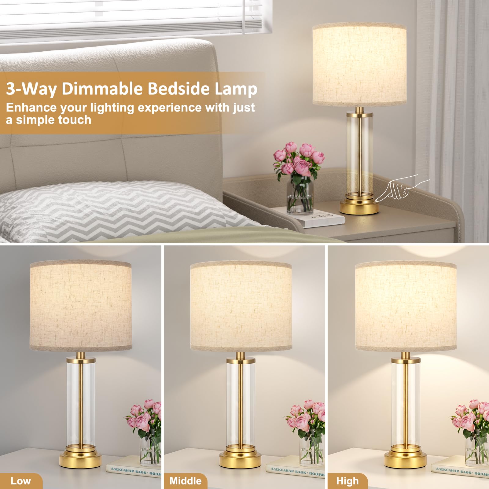 Beige Gold Bedroom Lamps Set Of 2 - Touch Bedside Lamp For Night Stands With Usb C+A, 3 Way Dimmable Nightstand Table Lamps For
