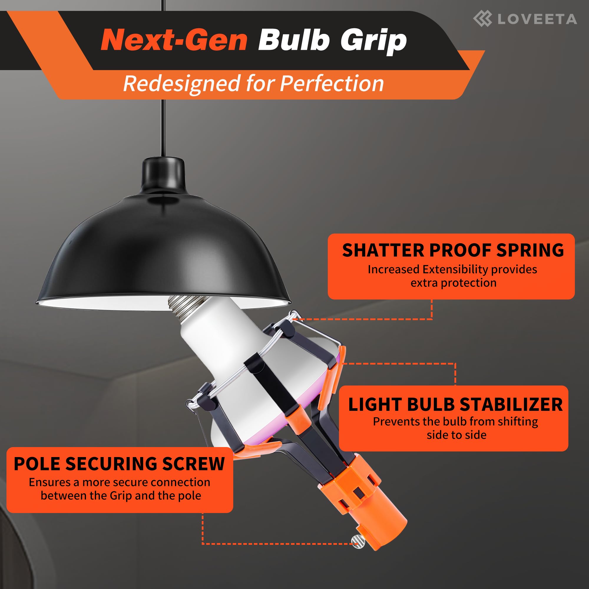 LOVEETA® Light Bulb Changer Pole - 12Ft (18Ft Reach), Aluminum, Champagne Gold, Model LBC2