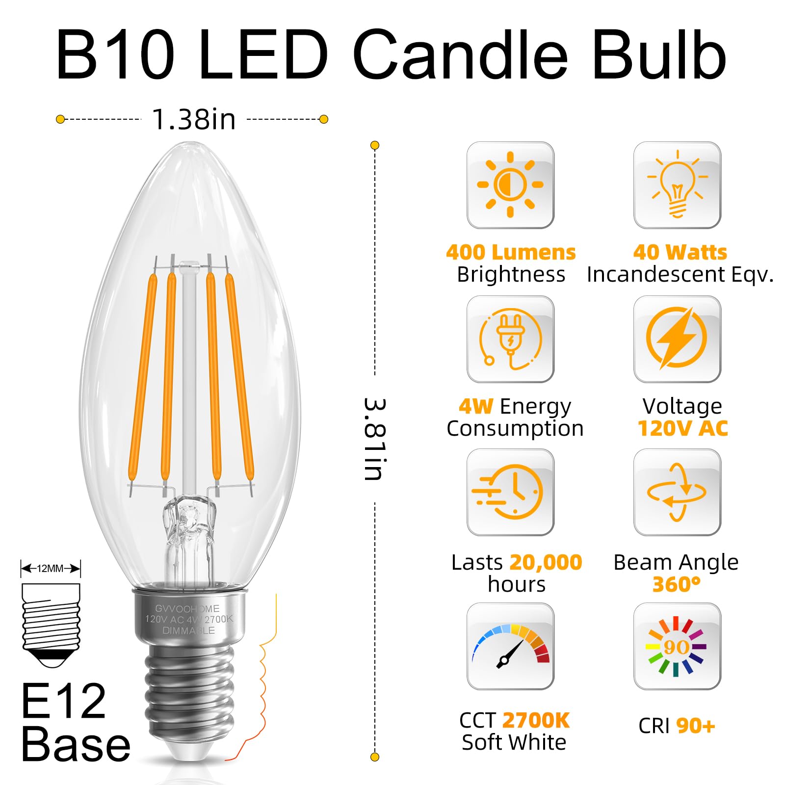 Gvvoohome E12 Candelabra Bulb 40 Watt, E12 Led Bulb Dimmable Chandelier Light Bulbs, B10 Candle Light Bulbs 2700K Soft White, 90