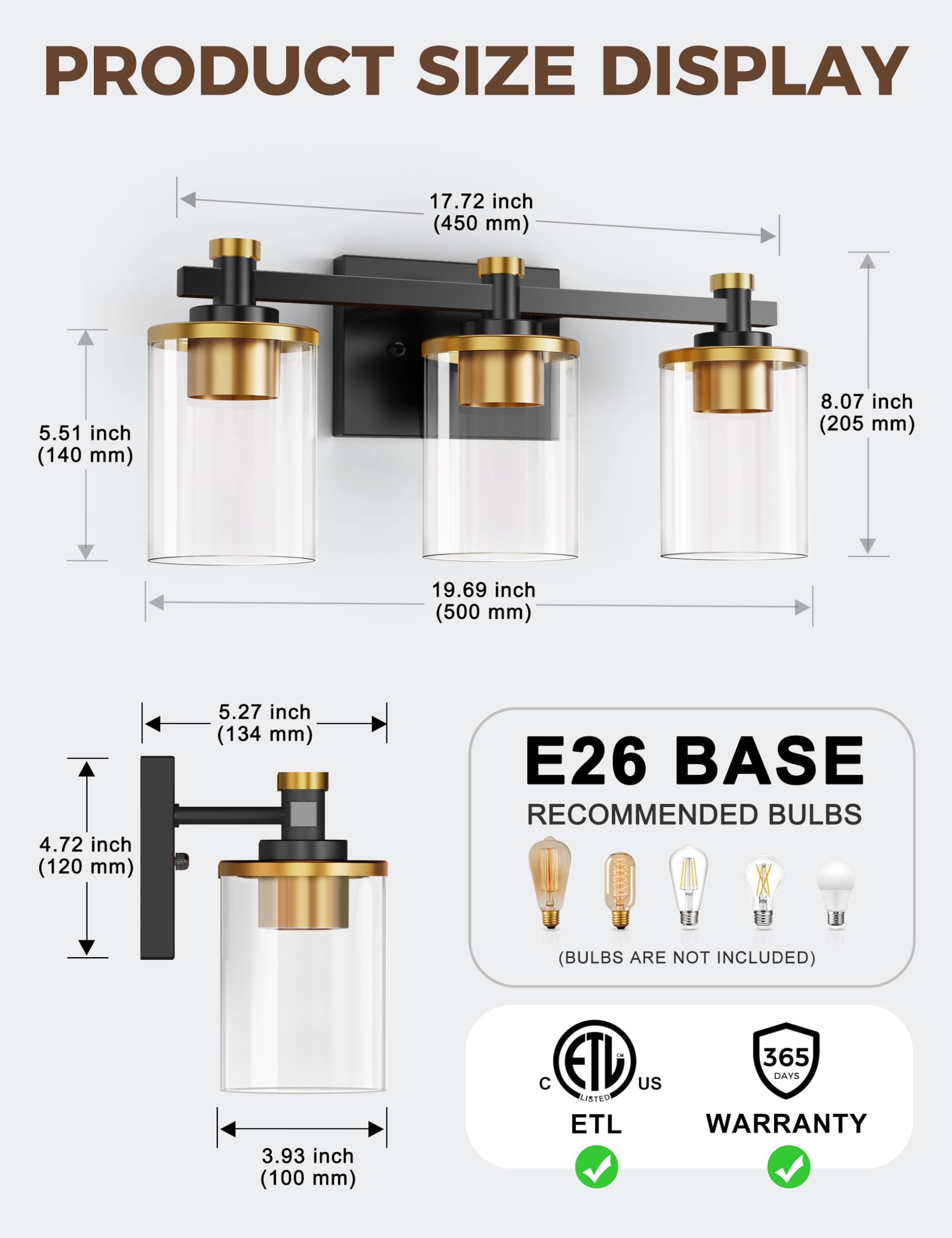 L LOHAS LED 3-Light Bathroom Vanity Light Fixture, Glass Shade, Black and Gold, Model A-JQD06T3GBE26