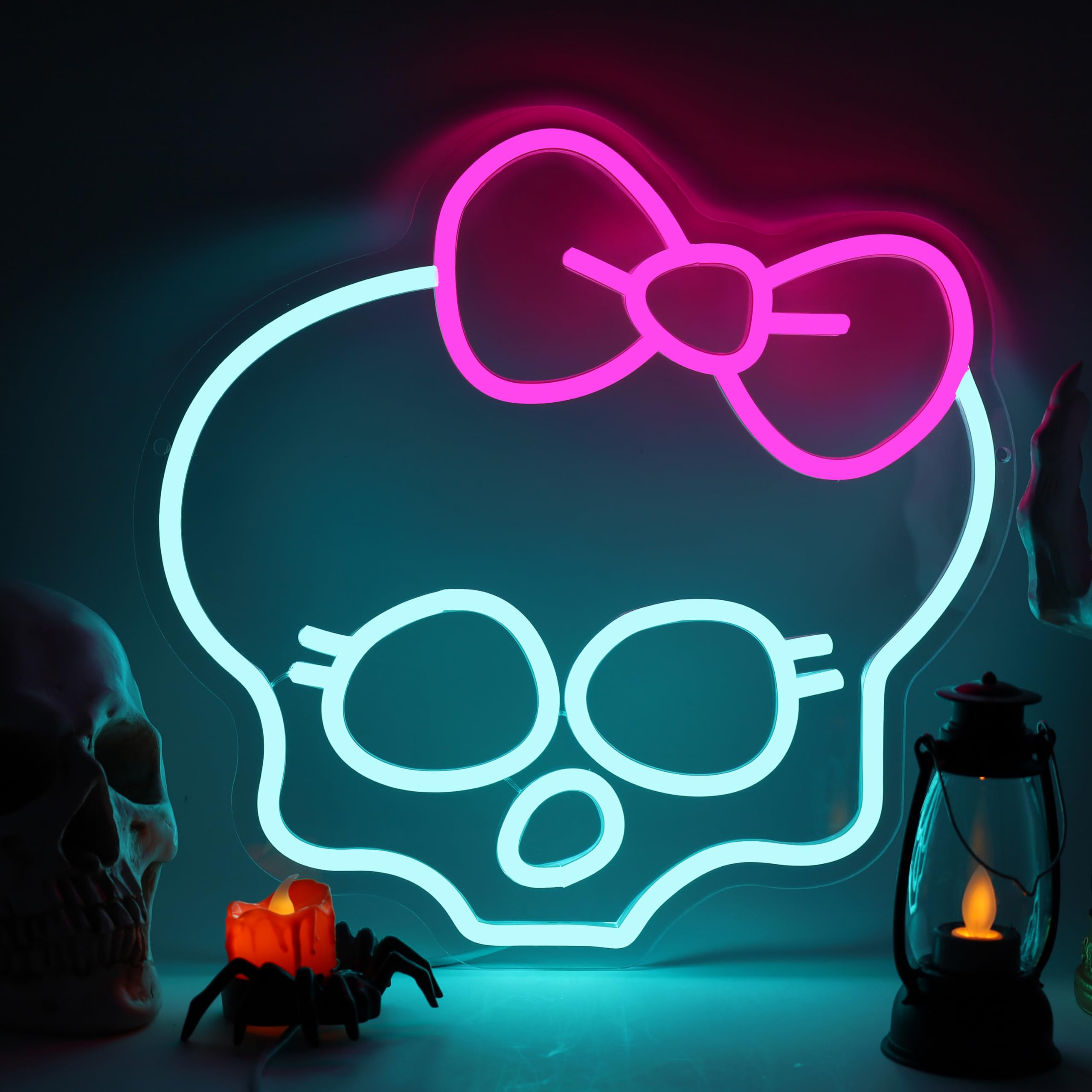 Zhujianqiang Skull Neon Sign, LED Wall Light for Room Decor, Dimmable, 13inx12.6in, Ice Blue & Pink, USB Powered, Perfect for Game Room