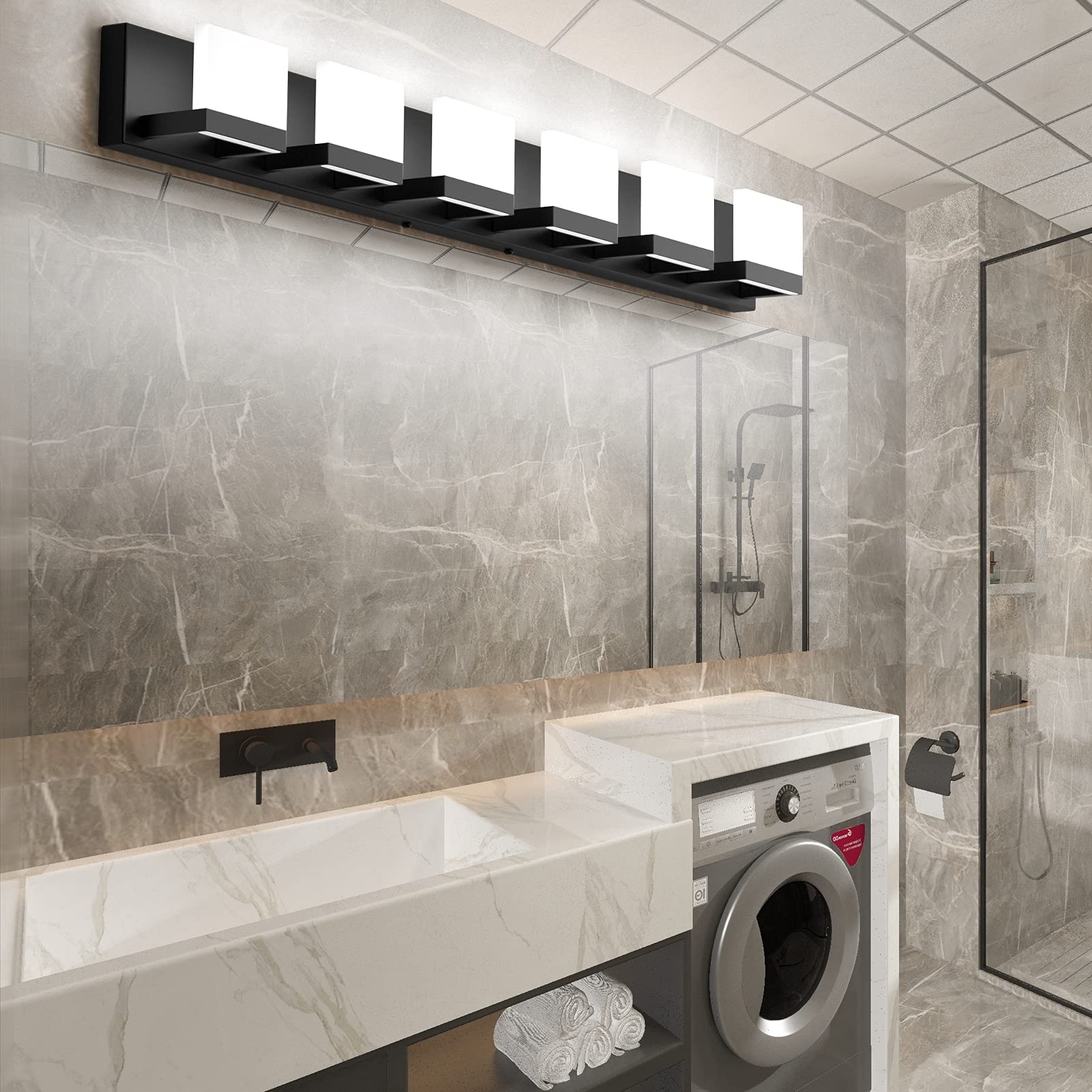 Tipace Led Modern Matte Black Bathroom Vanity Lights Over Mirror 6 Lights Up And Down Black Bathroom Vanity Light Fixtures 6000K