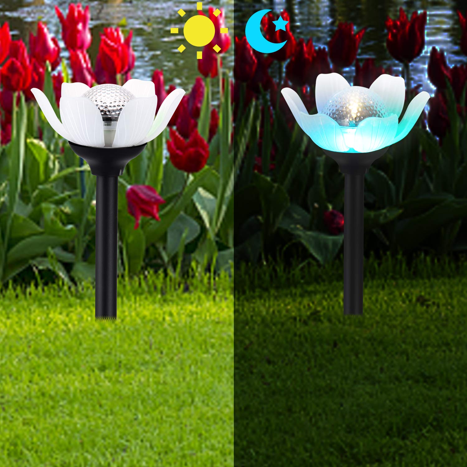 Kinna Solar Lotus Lights - 6 Pack Decorative LED Outdoor Garden Stake Lights - Warm White & Multi-Color - for Lawn & Patio