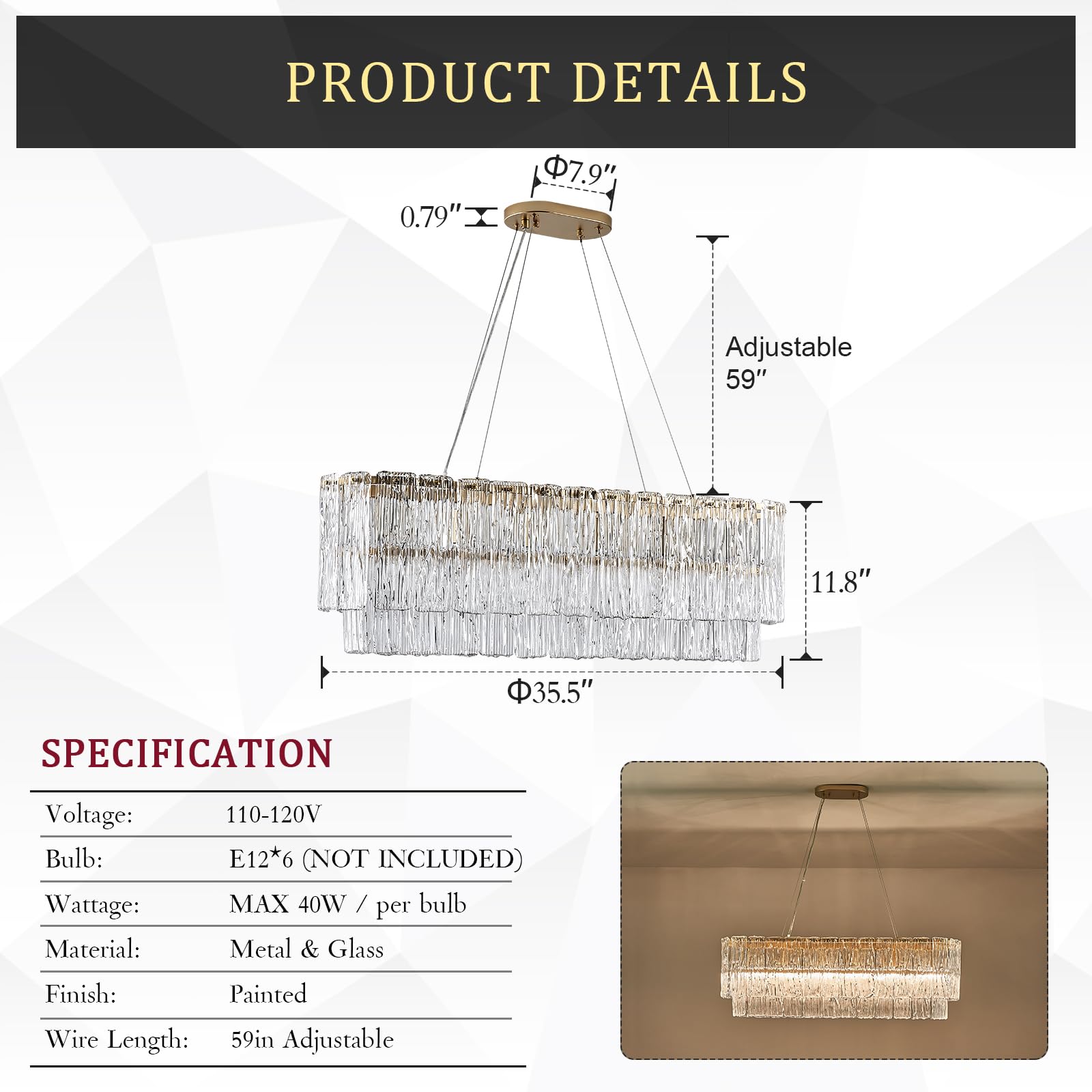 Catiner Gold Rectangle Chandeliers For Dining Room Modern Island Light Crystal Glass6-Light Chandelier Rectangular Linear Pendan