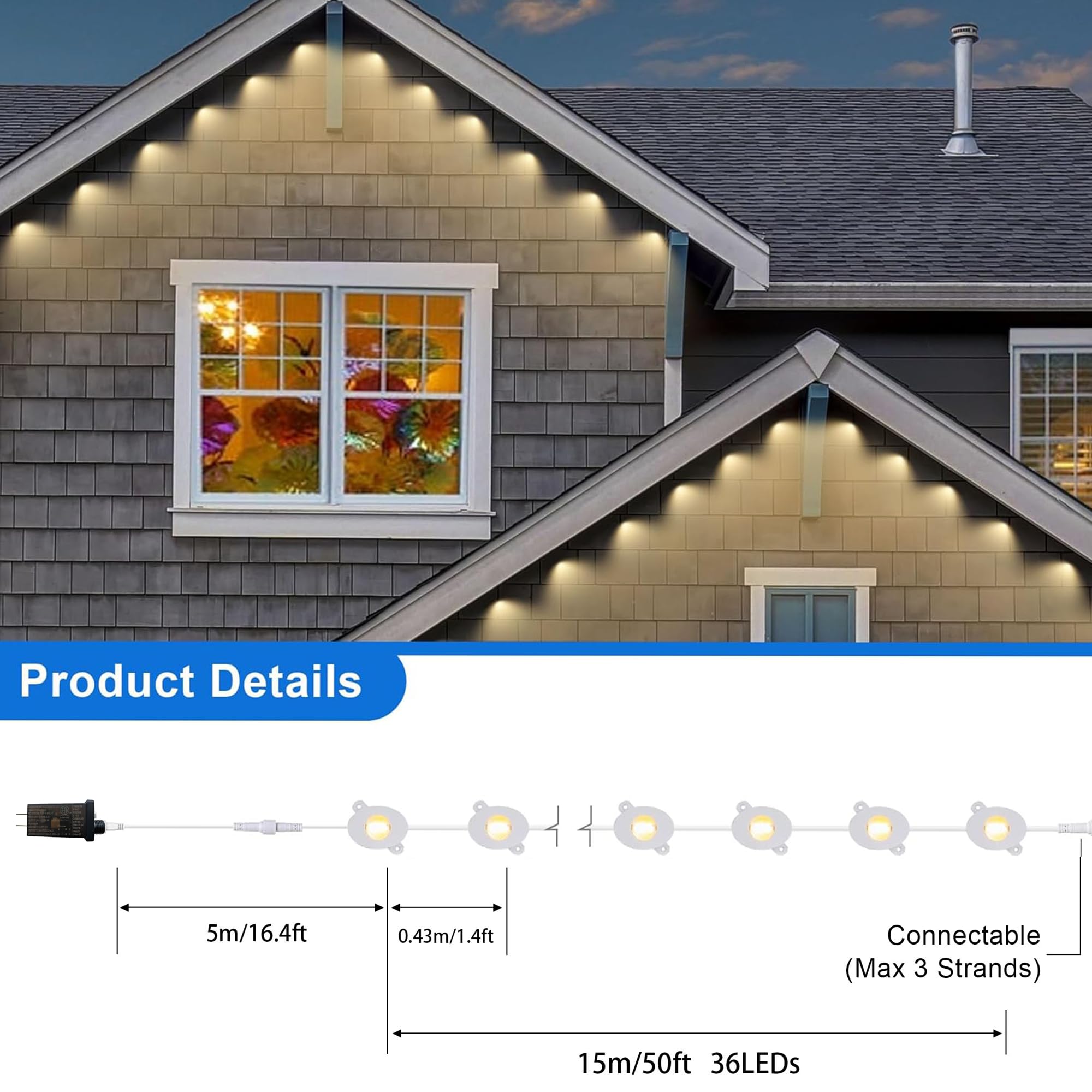 MERRIMAX M Permanent Outdoor Lights, 50ft 36LED Waterproof String Lights, Remote, 8 Modes, Warm White, Model MLS-D24V6WUIC-O