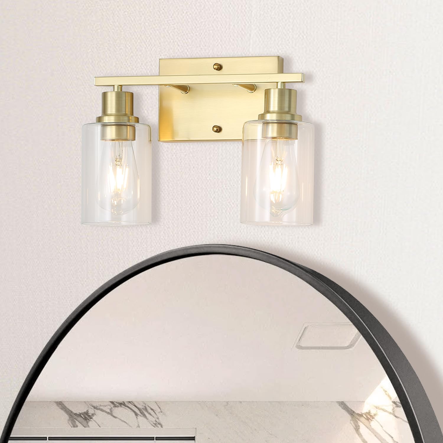 Jodauirt Brass Bedside Wall Sconces Set Of 2, 1-Light Gold Bathroom Vanity Lights Fixtures With Clear Glass Shade, Farmhouse Modern E26 Wall Lamp For Hallway Living Room Bedroom