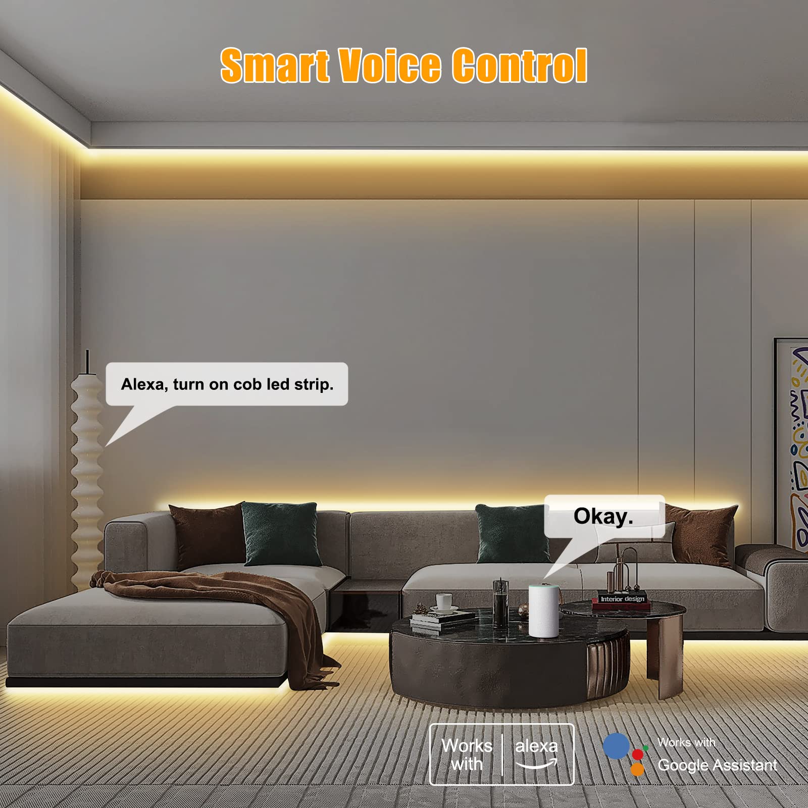 Tatazone 32.8ft Tunable White Smart COB LED Strip Light Kit, Dimmable, CCT 2700K-6500K, Compatible with Alexa & Google, White