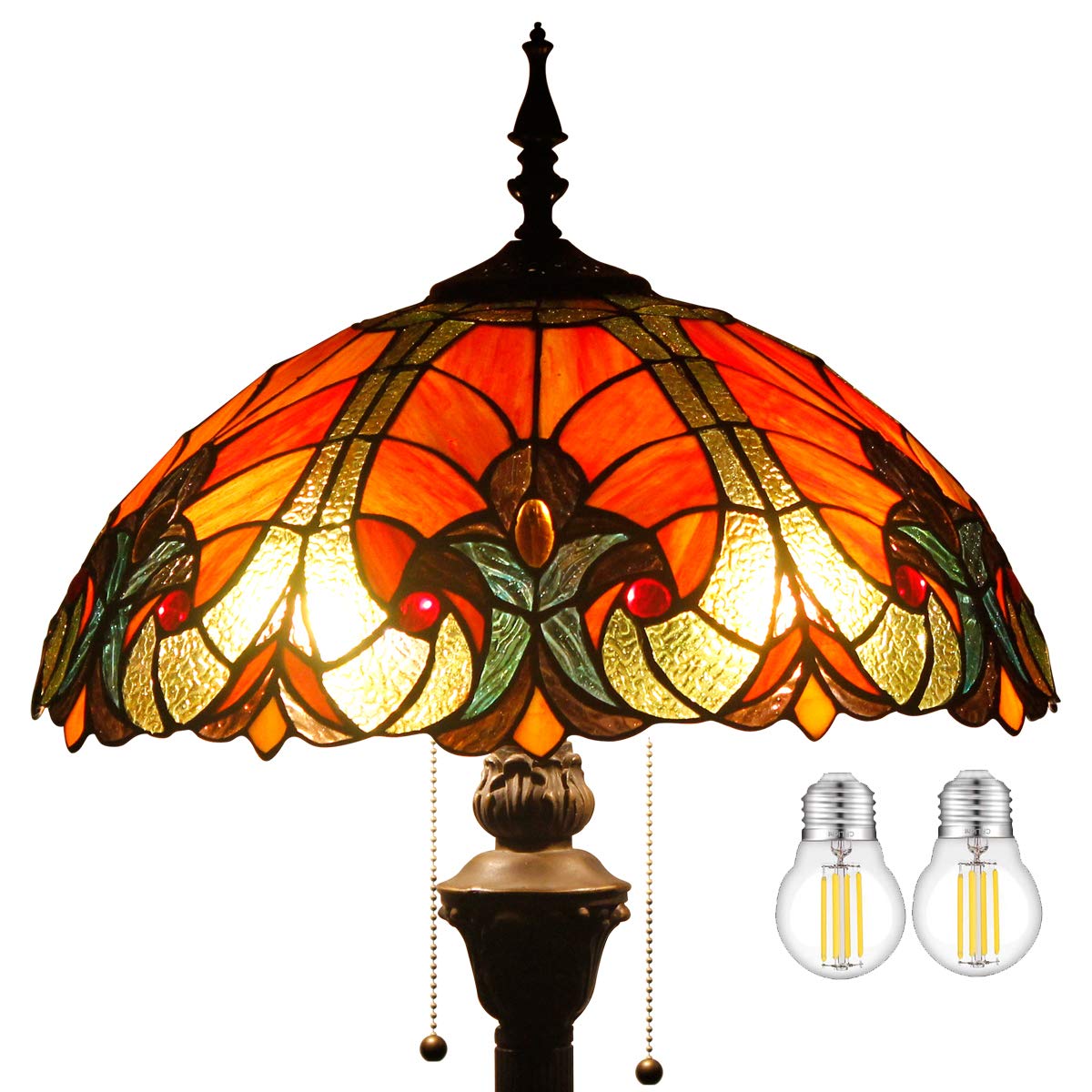 WERFACTORY Tiffany Floor Lamp Red Brown Liaison Stained Glass Standing Reading Light 16X16X64 Inches Antique Pole Corner Lamp De