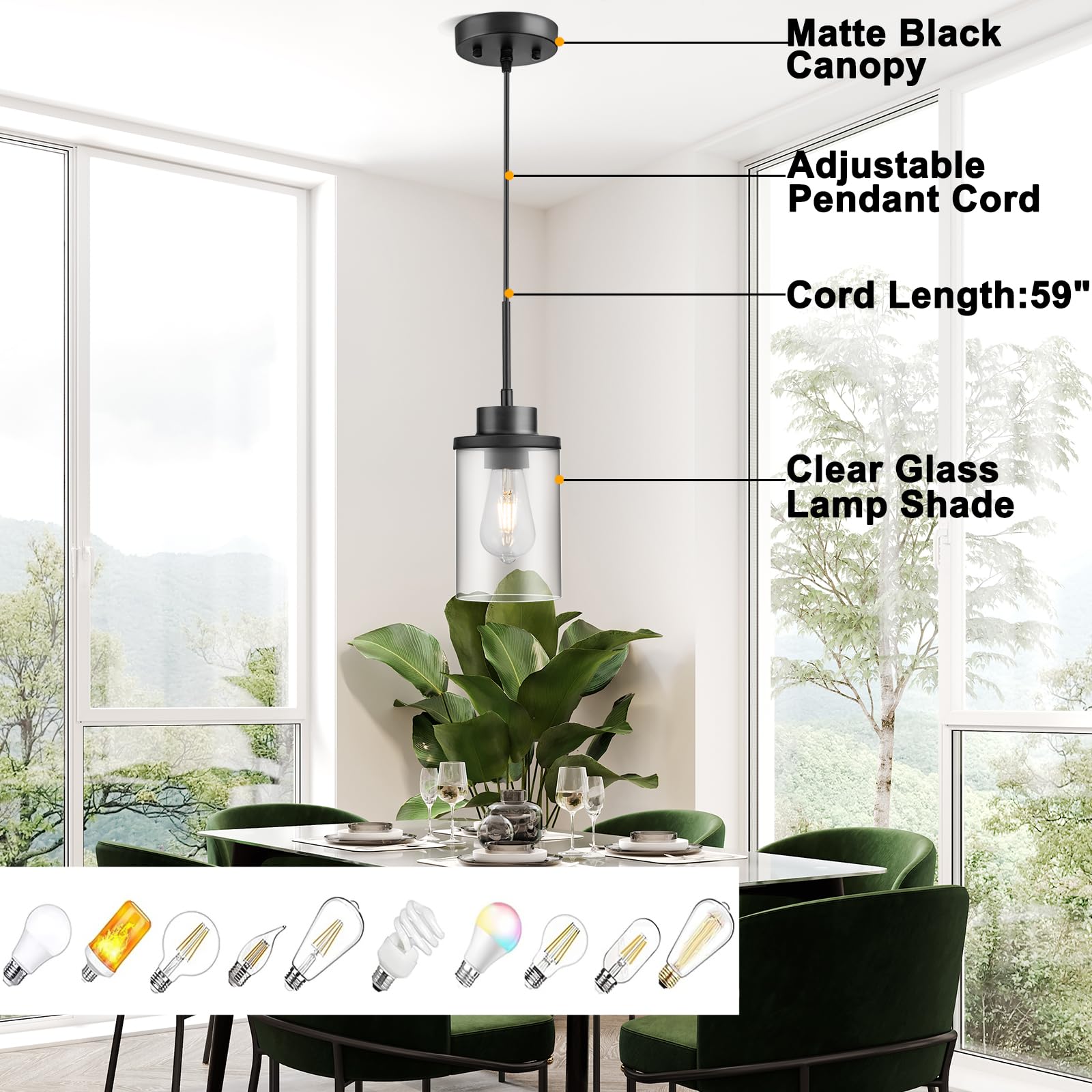 Dalivol Modern Black Farmhouse Clear Glass Cylinder Pendant Light Fixture,Ceiling Hanging Metal Industrial Mini Pendant Lighting