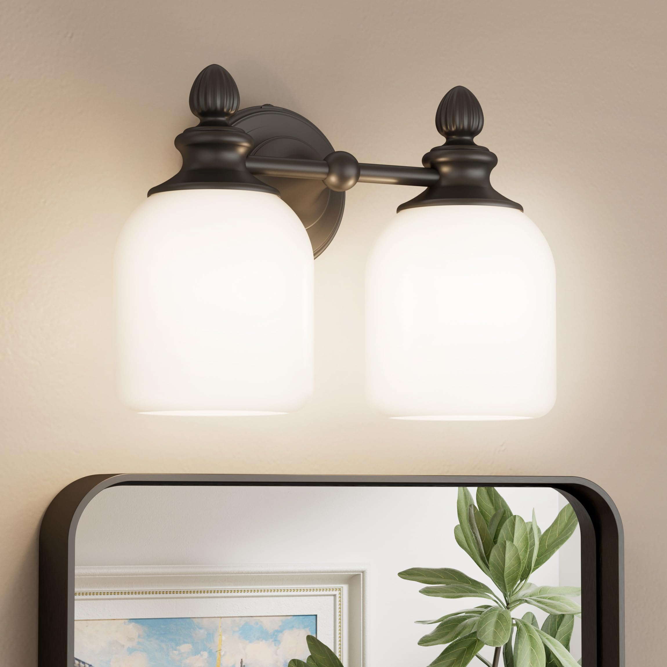 Keonjinn 2-Light Bathroom Light Fixtures, Black Vintage Vanity Lights for Mirror with Frosted Glass Shades, UL Listed E26 Base(B