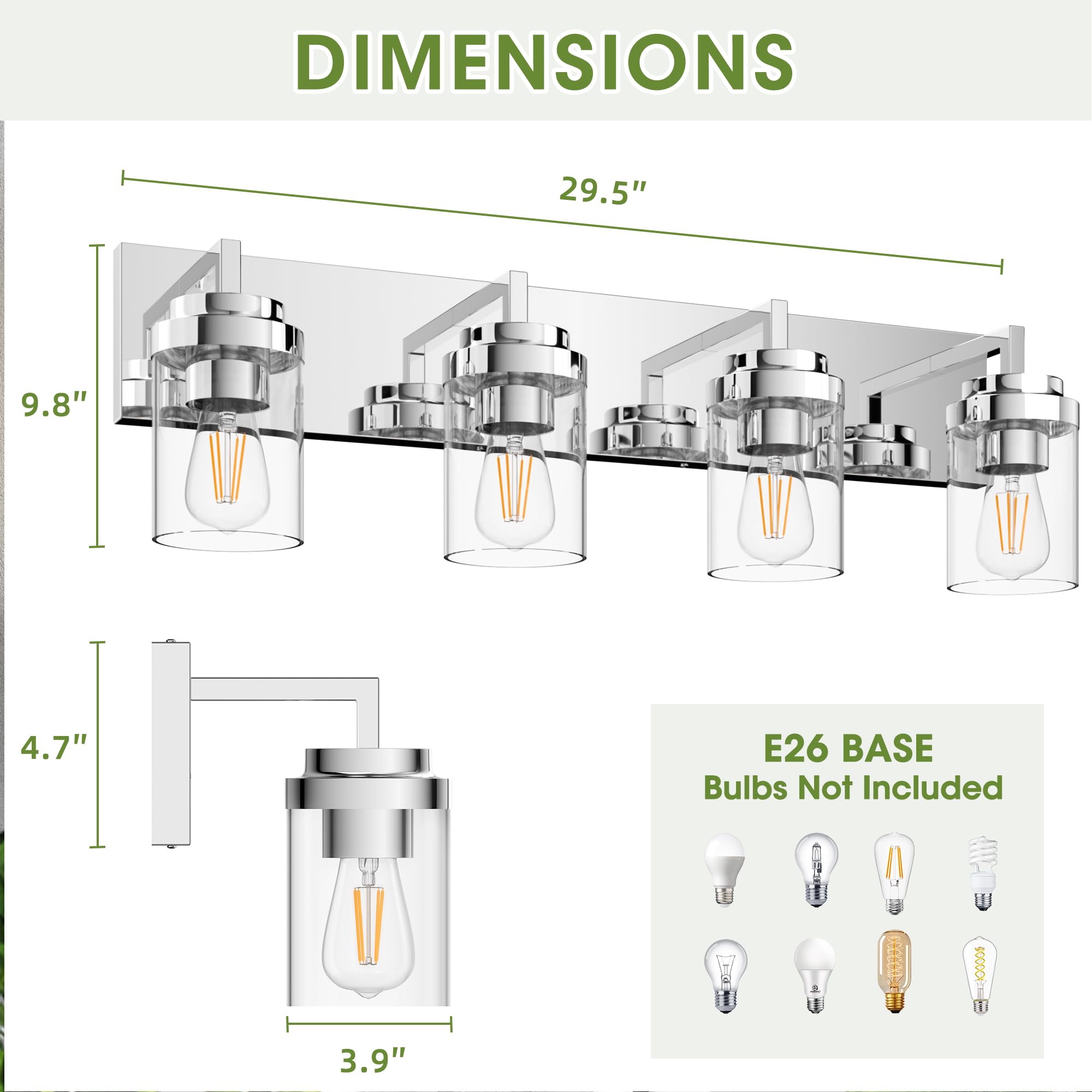 Espird Chrome Bathroom Light Fixtures, 4 Light Bathroom Vanity Light With Clear Glass Shade, 30 In Modern Vanity Light, Bathroom