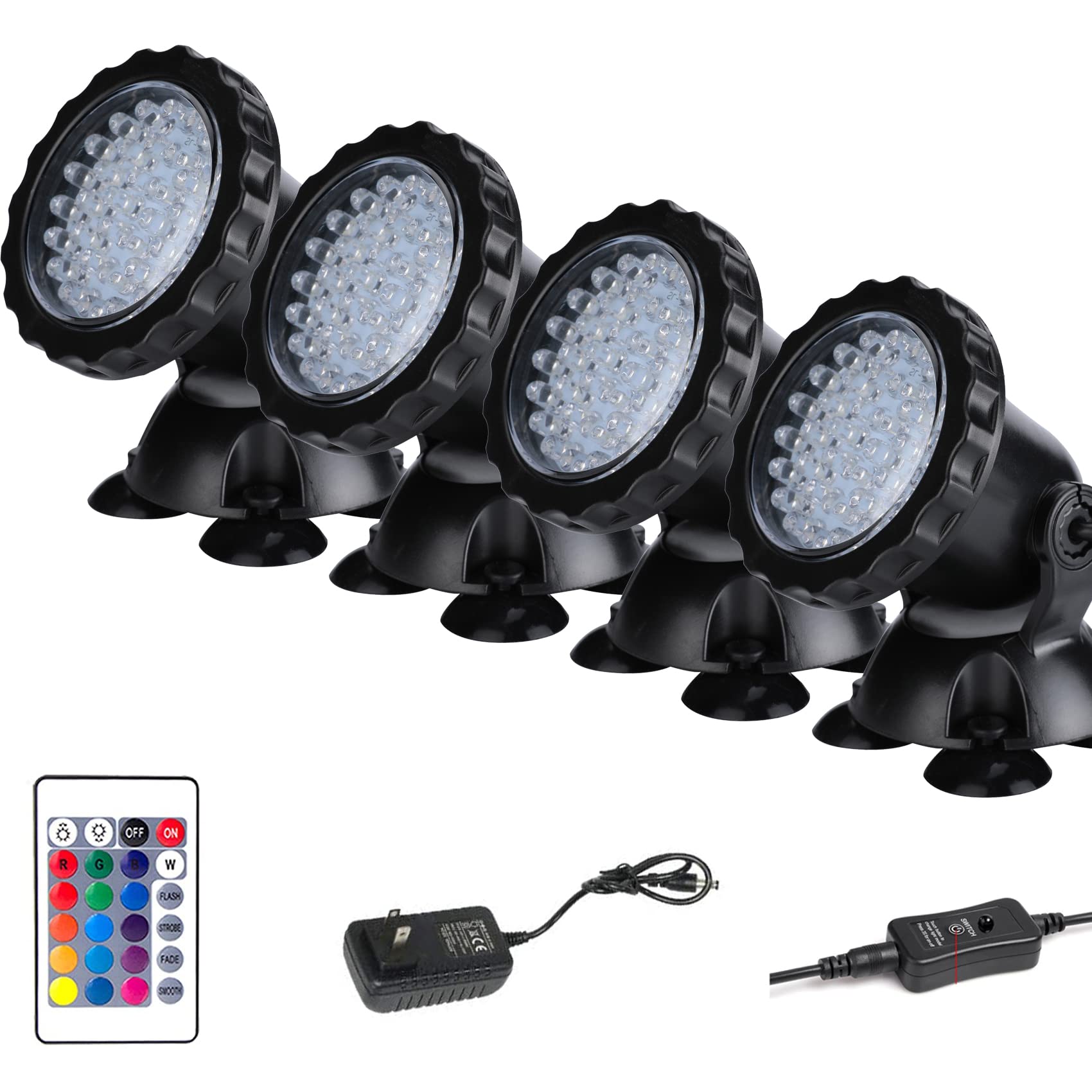 ZHGSERVU Pond Lights Submersible Color Changing LED Fountain Lights, IP68, Set of 4 with Remote, Adjustable & Dimmable, for Garden & Pool