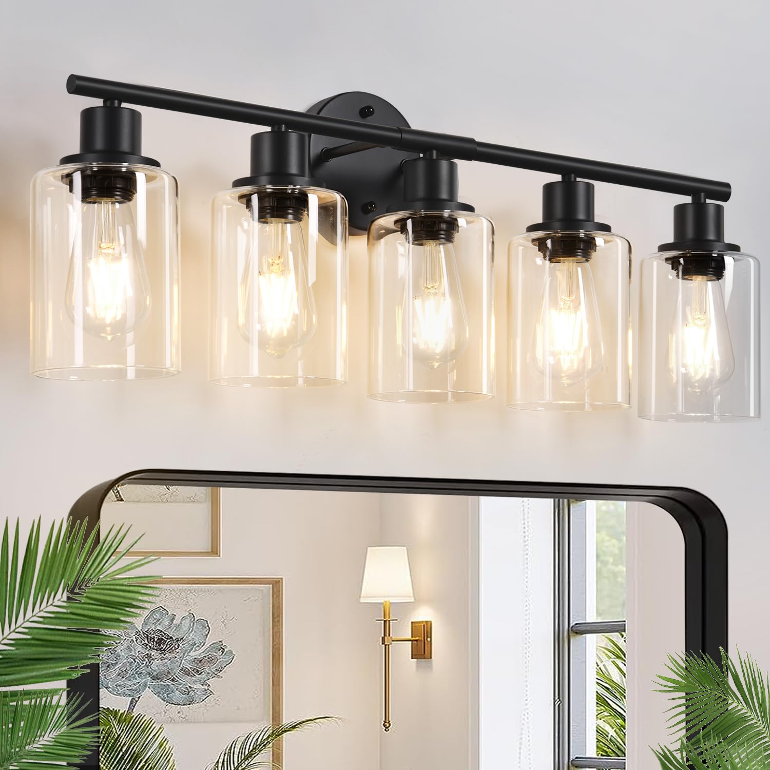 Zarbitta 5-Light Bathroom Light Fixtures, Black Modern Vanity Lights, Clear Glass Shade, Model YX-059, Matte Black