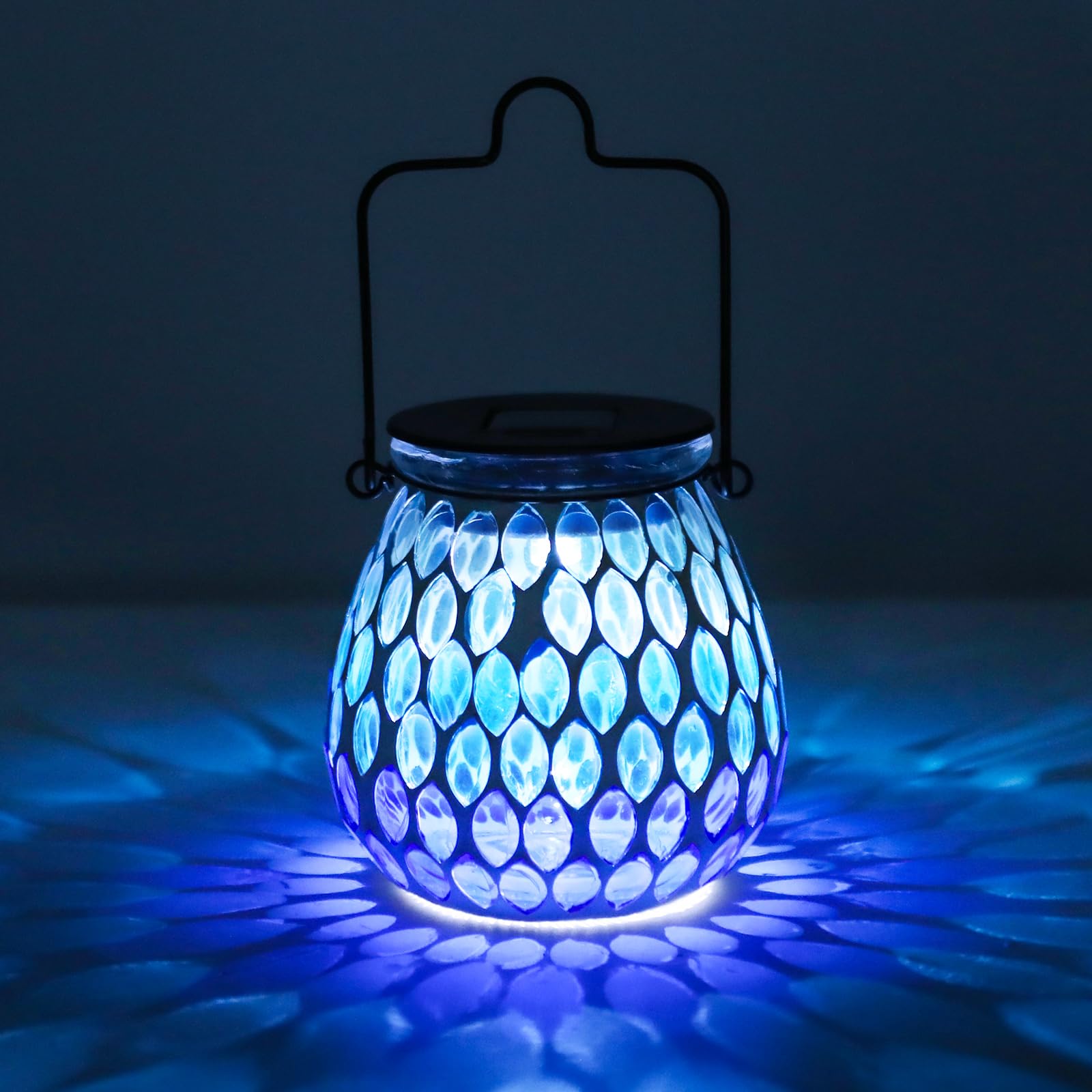 Afirst Mosaic Solar Lantern - Ocean Blue Glass Hanging Light for Garden & Patio, Model 5009420, Waterproof Decorative Outdoor Decoration