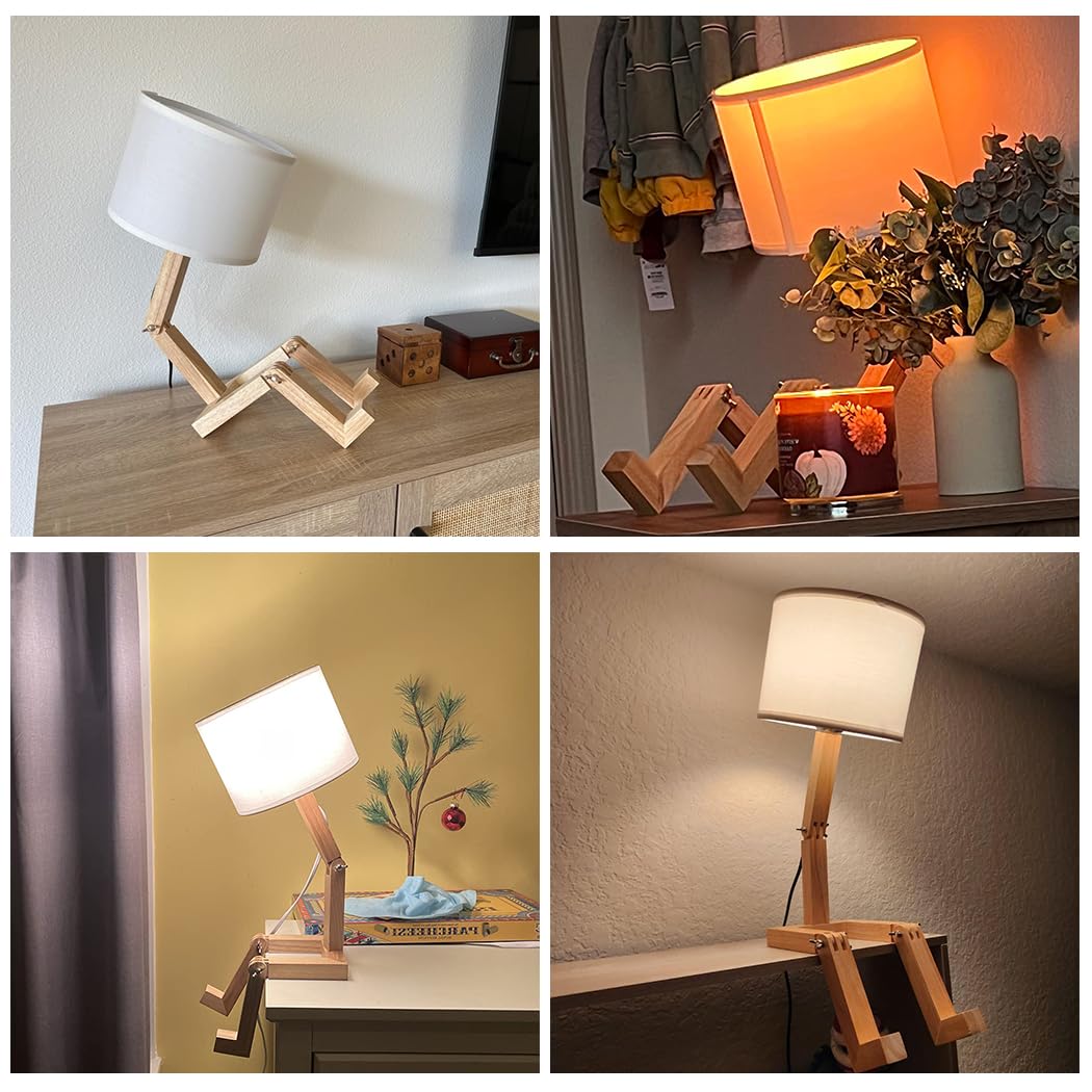 MUMENG Robot Desk Lamp Set of 2, Adjustable Wooden Bedside Lamp, White Lampshade, Model TB-QBT005-WHM2