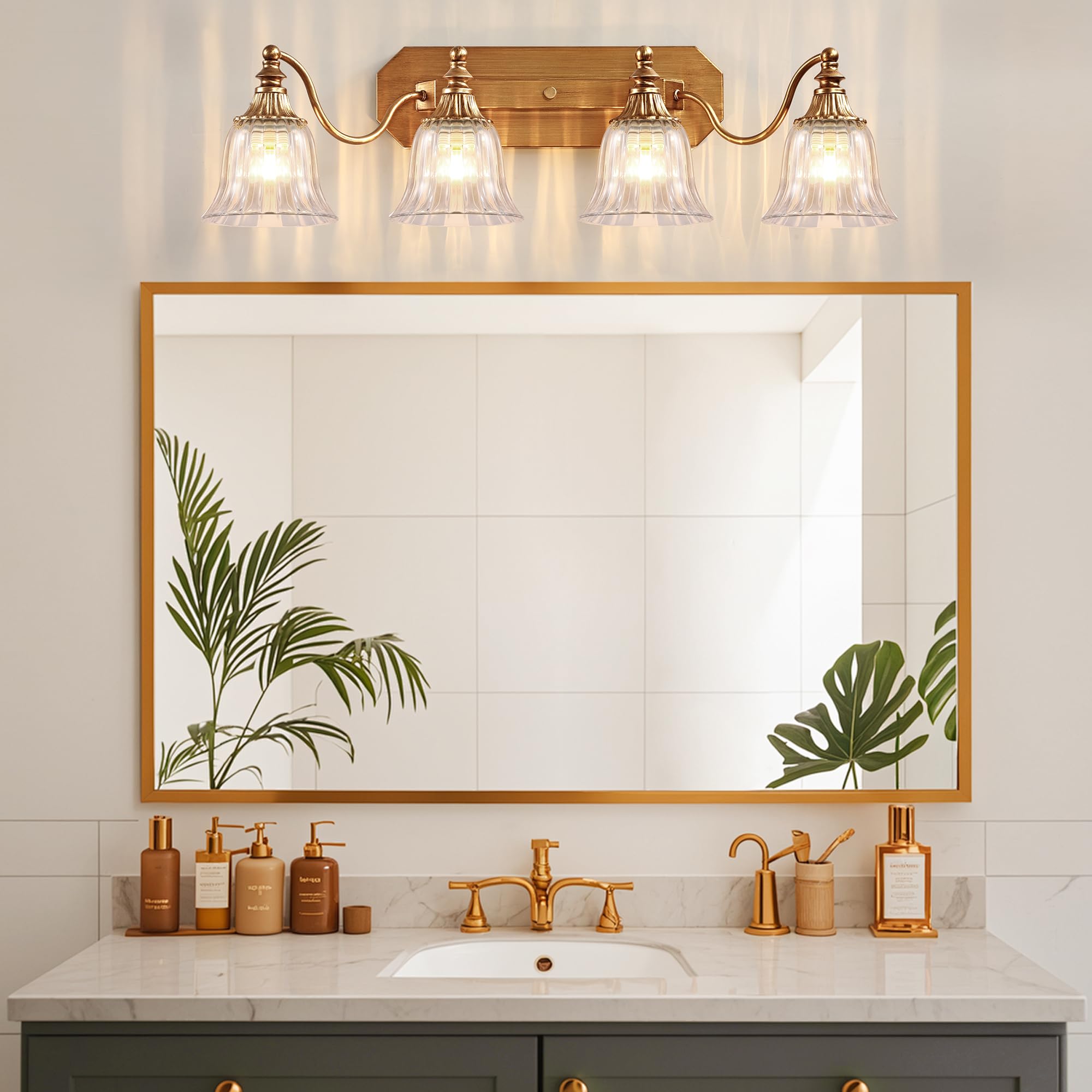 DvmTeom 4-Light Gold Vintage Bathroom Vanity Light Fixture, Antique Brushed Gold with Crystal Glass Shade, Model D6001