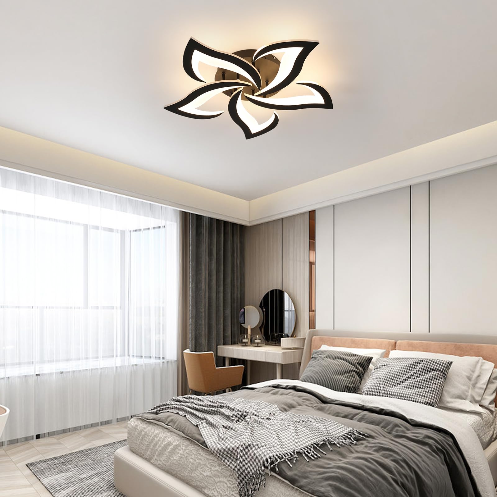 Goeco Modern Flower Flush Mount Ceiling Light, 5-Petals, Dimmable LED, 3000K-6500K, Black, Model 30839726