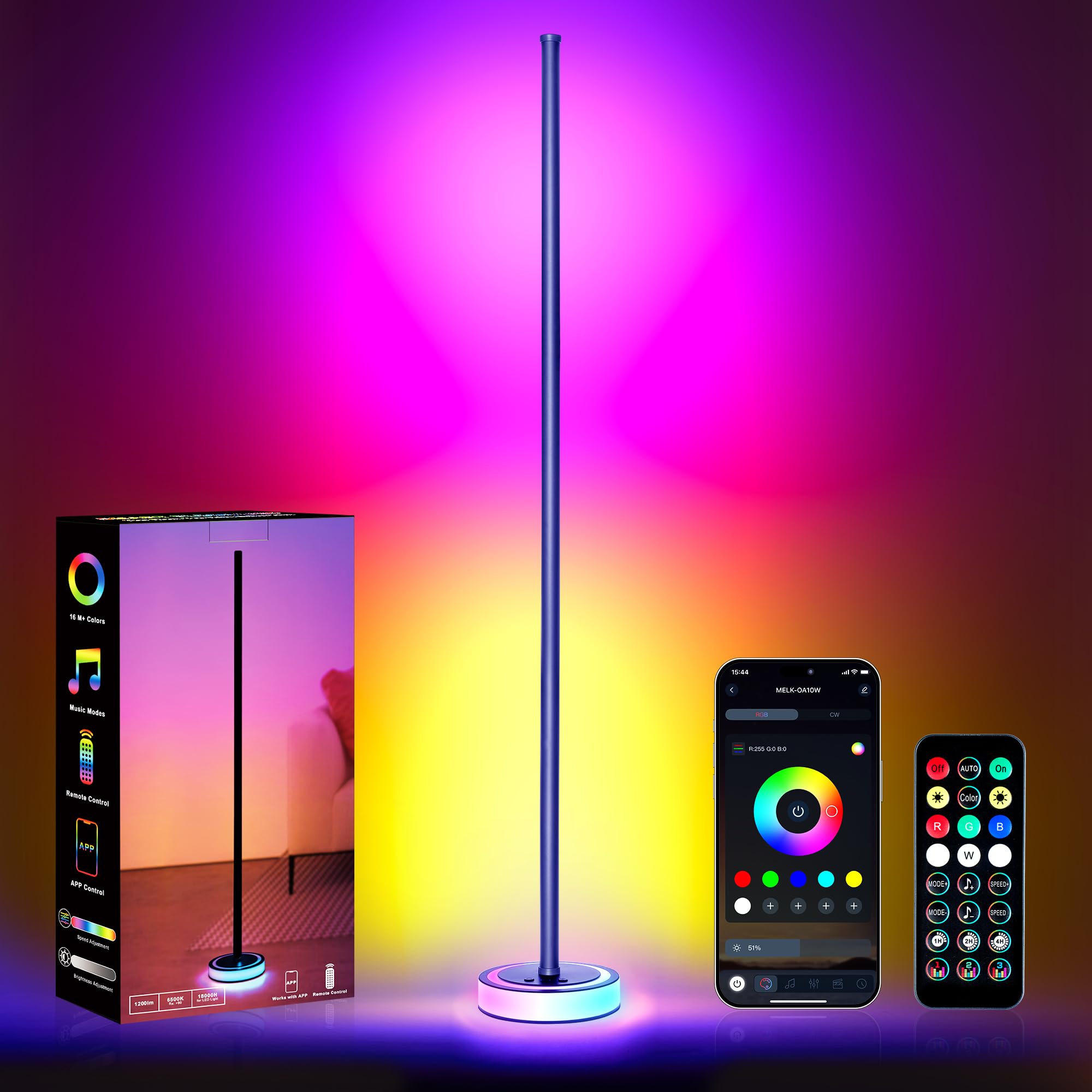 Wfiia 59 Smart LED Corner Floor Lamp, RGBICW Color Changing Ambient Lighting, App Control Music Sync Mood Light, Modern Dimmable