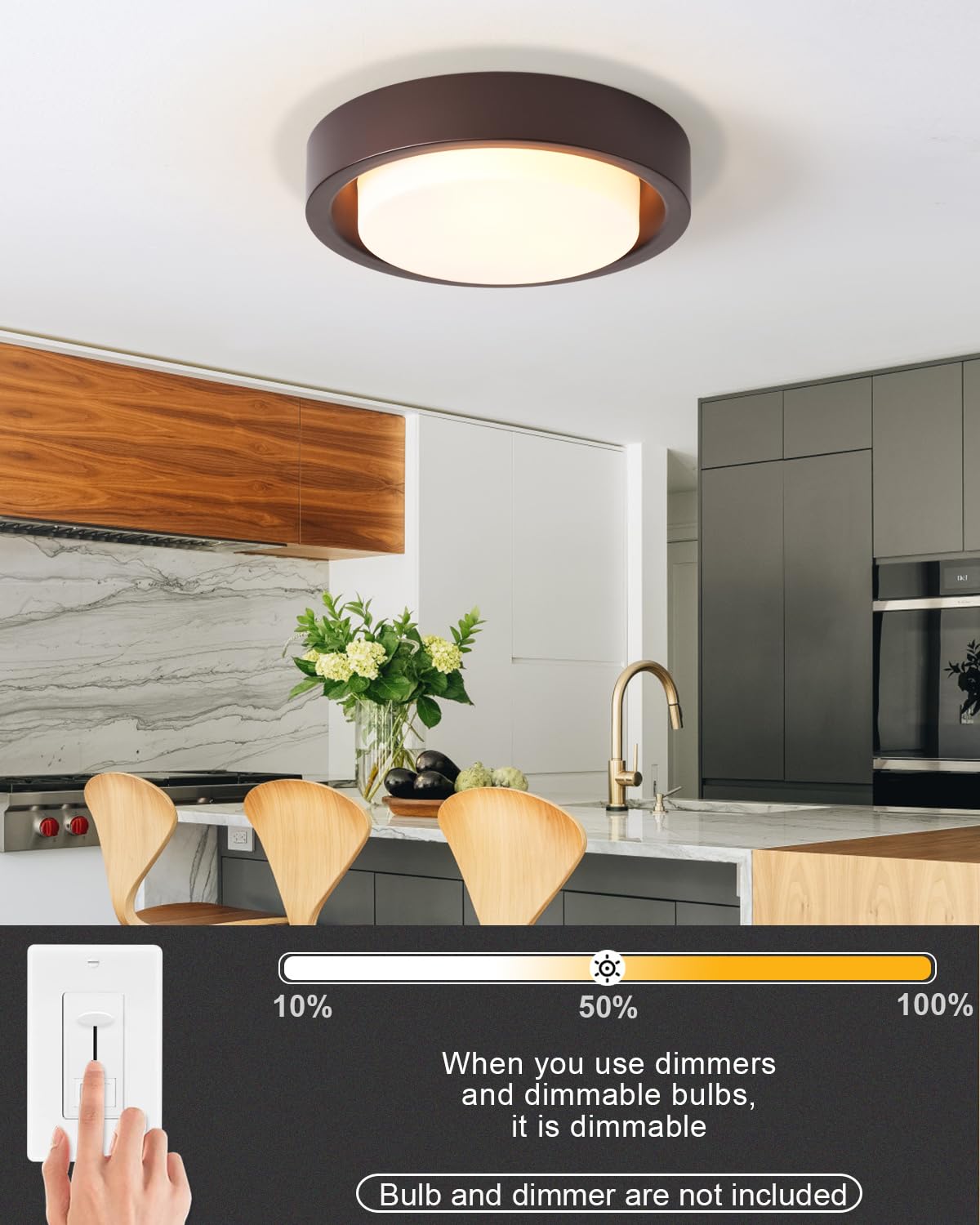 MIAOMEIO Flush Mount Ceiling Light 3-Lights Metal Glass Round 16 Inch Oil Rubbed Bronze CL23998