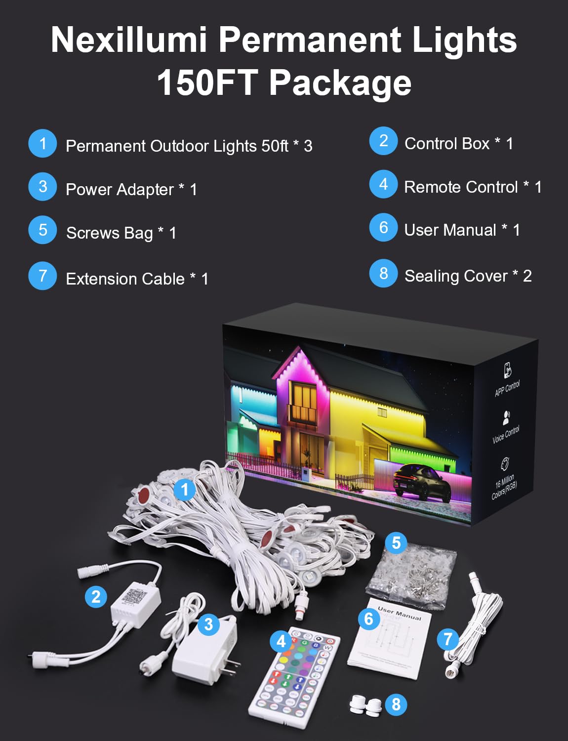 Nexillumi Permanent Outdoor Lights For House  150Ft Smart Rgb Led Lights Outside With 16 Million Diy Colors  Ip67 Waterproof Eternity Eaves Lighting For Christmas Halloween Holiday Daily Decorations