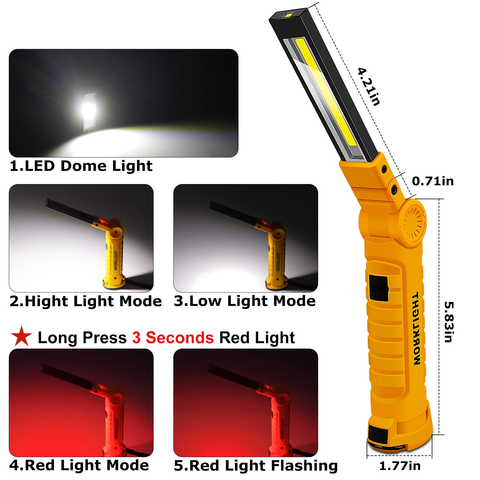 2Pack LED Work Light, USB Rechargeable COB Light with Magnetic Base 360Rotate and 5 Modes, Folding Flashlight Inspection Light f