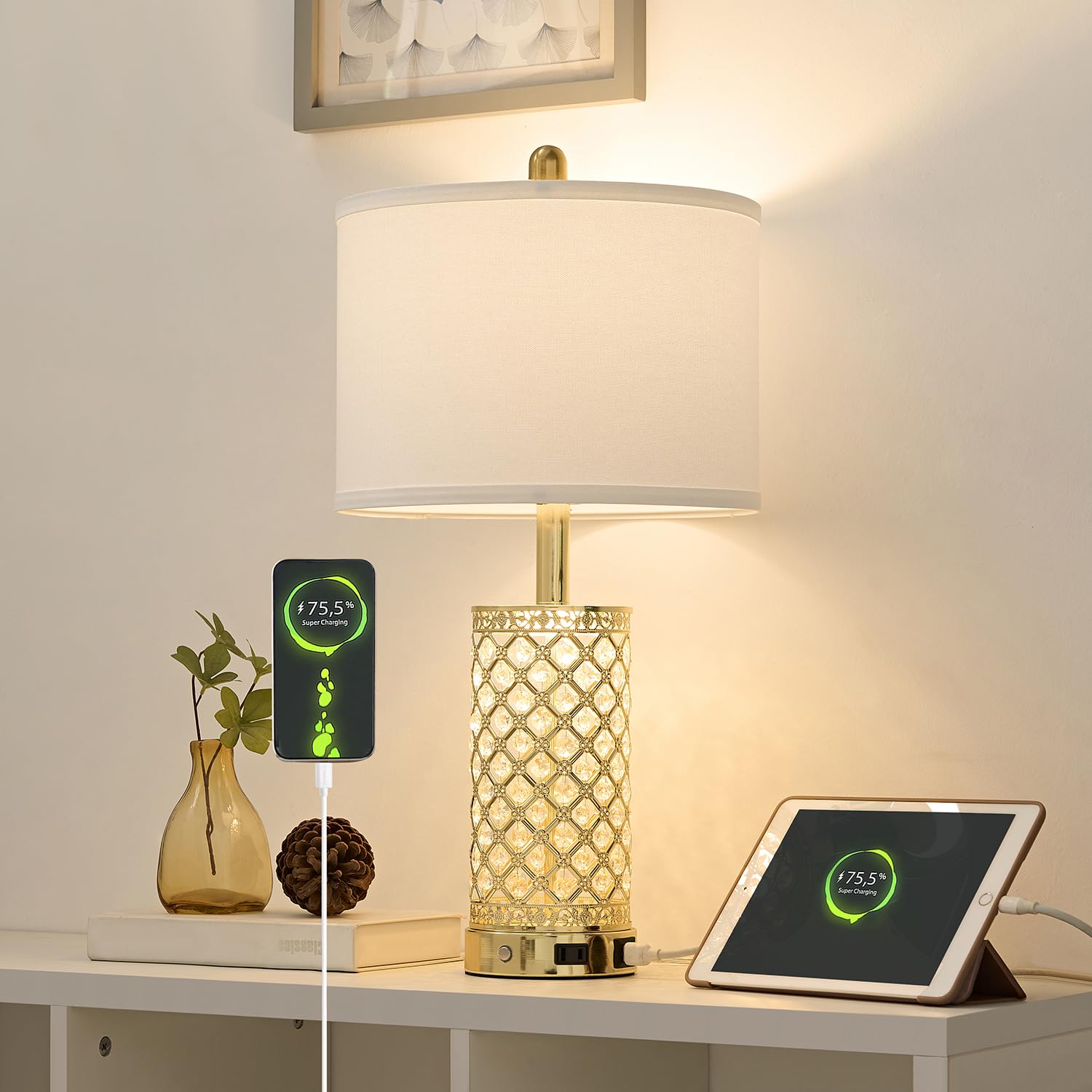SAIWEYA Crystal Table Lamps Modern 3-Way Dimmable Bedside Lamp with 2 USB Ports & AC Outlets for Living Room Bedroom Nightstand Lamp Night Light (Gold- 1 Pack 24In)