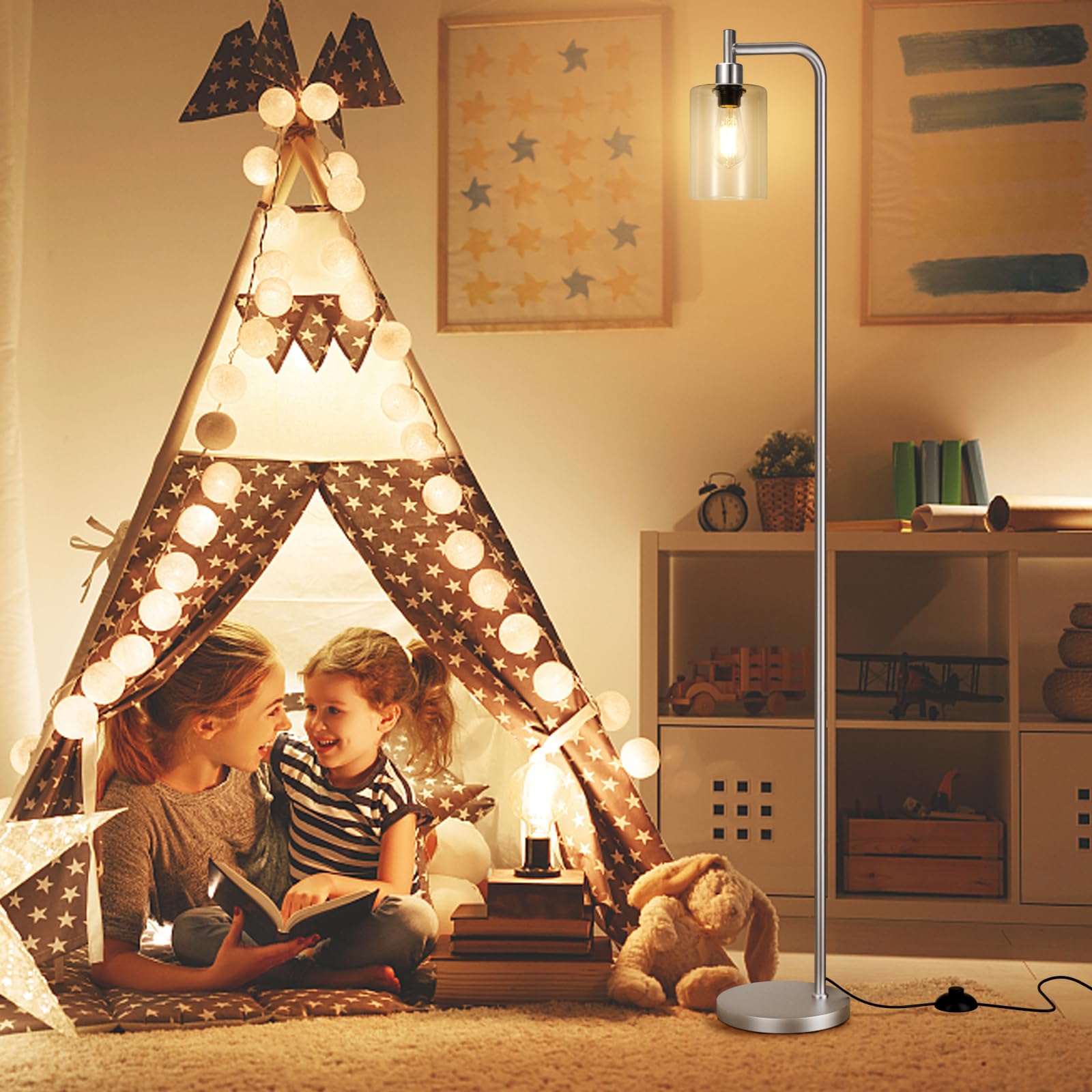 Ziisee Floor Lamps For Living Room - Industrial Standing Lamp With Glass Shade, Modern Floor Lamp With Led Bulbs, Tall Lamp For Bedroom Office - Brushed Nickel