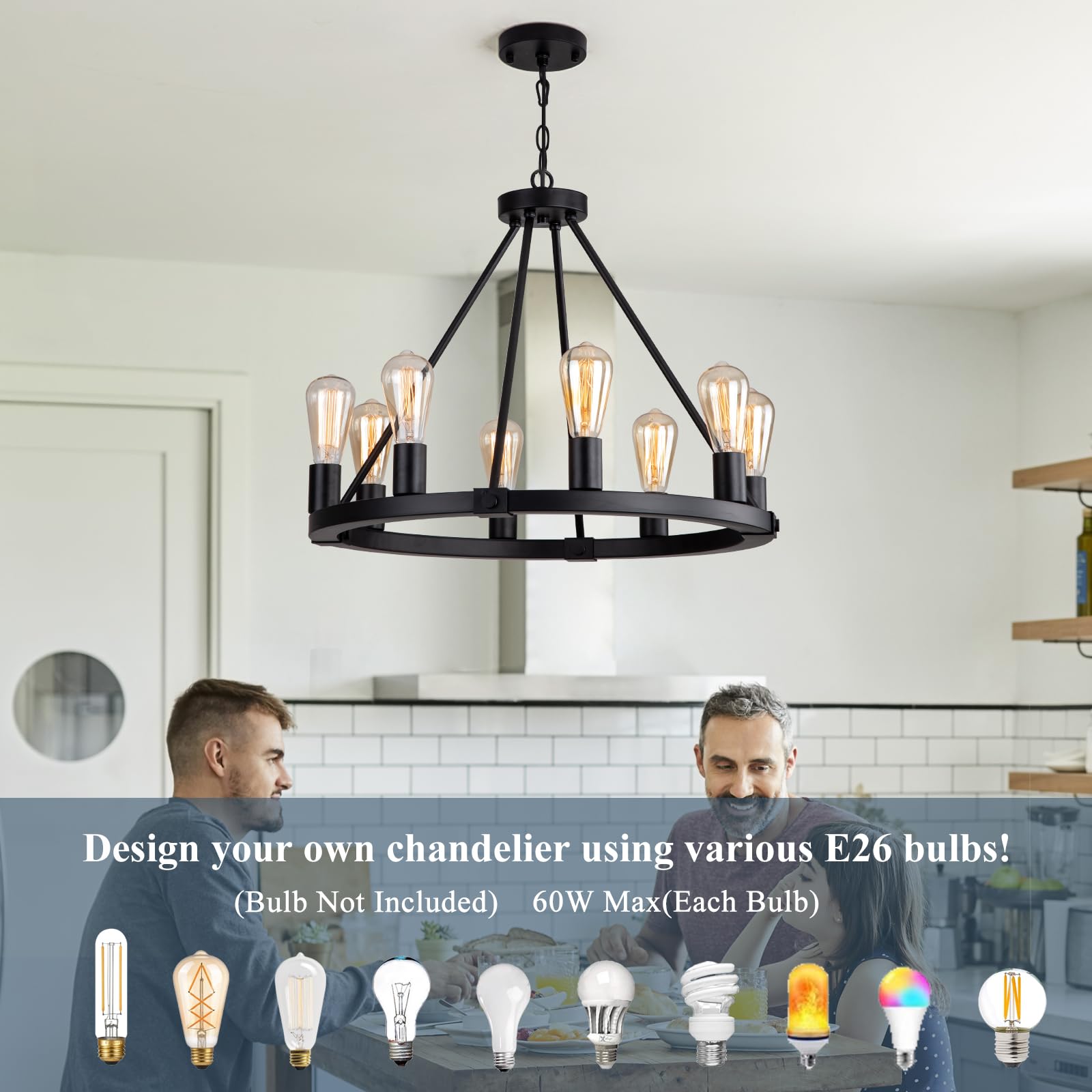 9Mmml 23.6&quot; 8 Lights Wagon Wheel Chandelier,Black Metal Round Industrial Vintage Kitchen Island Pendant Light For Living Dining Room Foyer Entryway,Height Adjustable,E26.