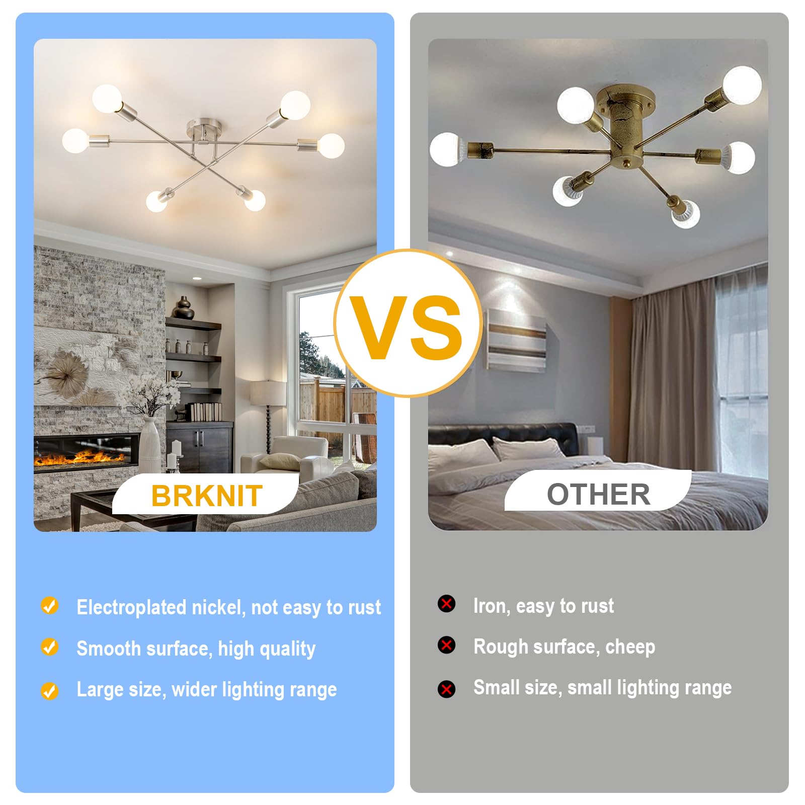 BrkNit 6-Light Modern Sputnik Chandelier, Silver Iron Semi Flush Mount, Model J0035-13