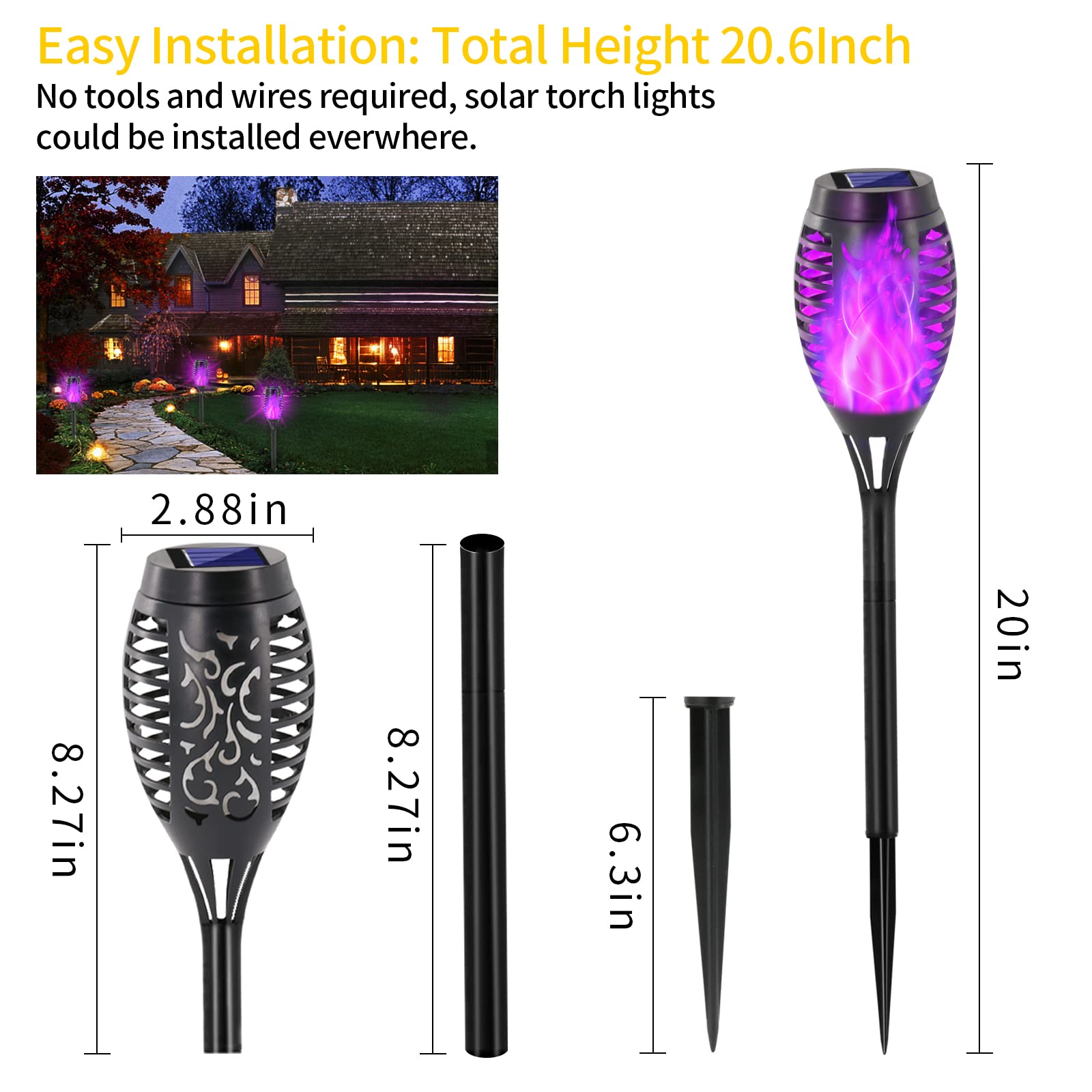 EOYIZW Solar Tiki Torches, 12 Pack Outdoor Lights with Flickering Flame, Purple, 12LED, Model EOZ-12Pack