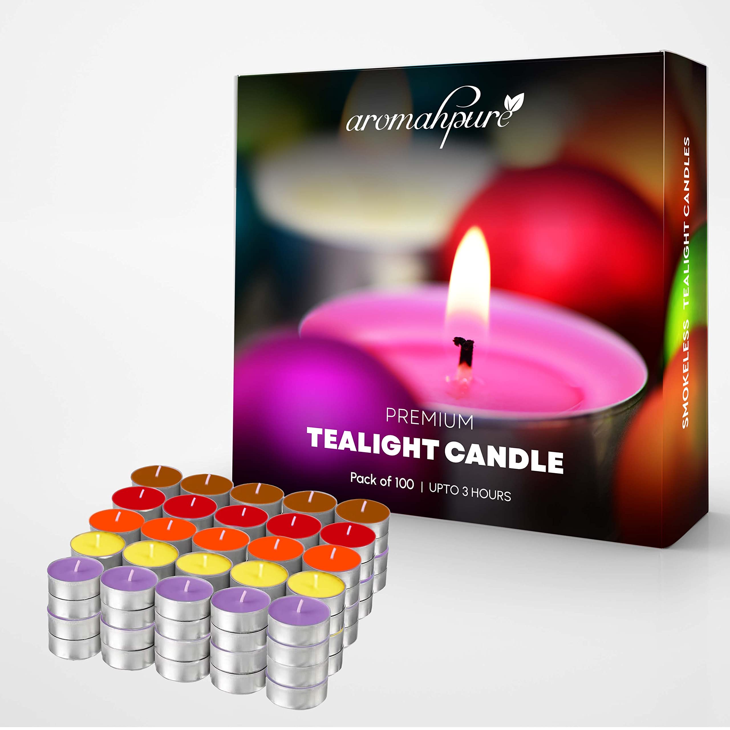 Aromahpure Scented Decorative Tealight Candles | Wax Tealight Candle | 10 gm, 100 Pcs |Assorted Smokeless Candles | 3 Hours Burn