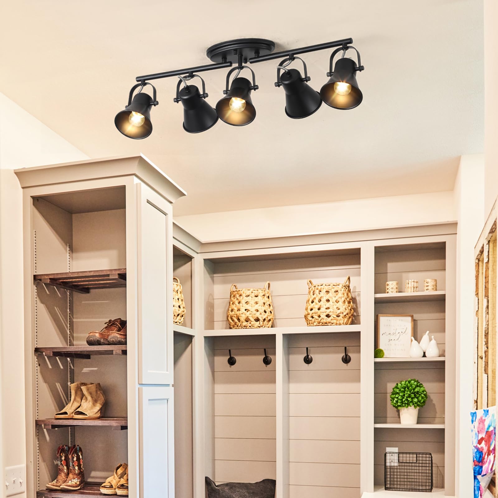 Seeblen 5-Light Track Lighting Kit  Directional Ceiling Light  Industrial Black Kitchen Track Lighting Fixtures Ceiling For Kitchen  Living Room  Dining Room  Hallway.