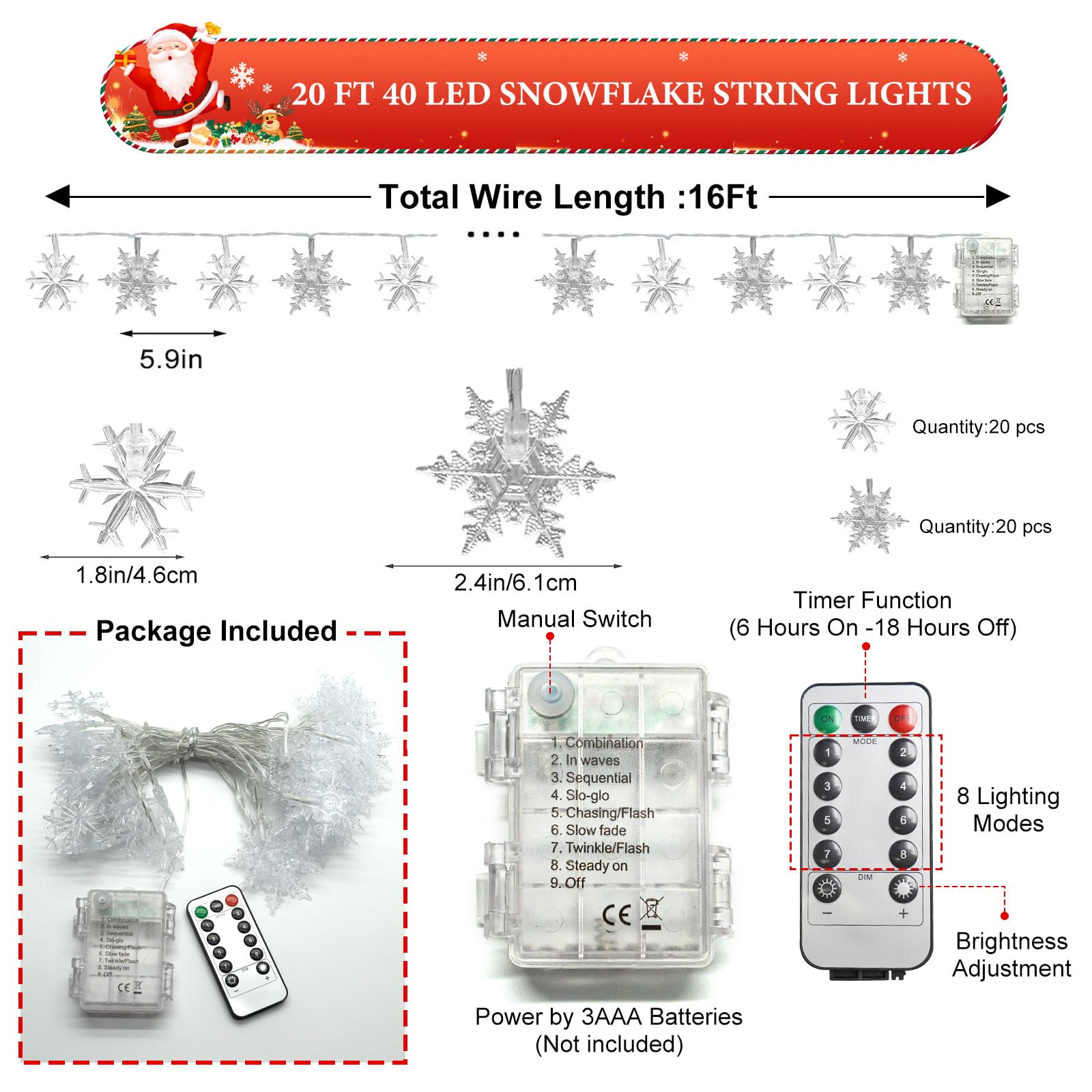 Lynumtw Christmas Snowflake Lights, 20 FT 40 LED, Battery Operated, Cool White, Waterproof, Remote, 8 Modes
