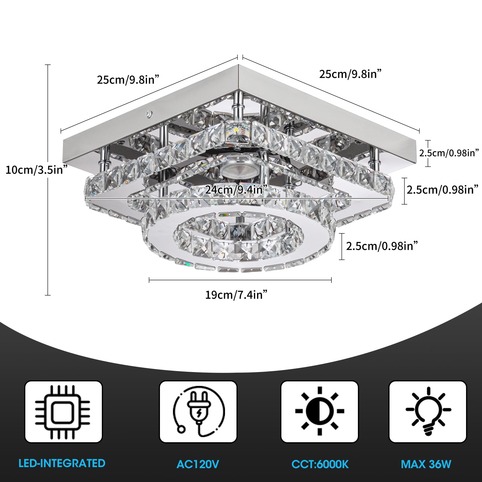 Crystal Ceiling Light Fixture - Led Crystal Chandelier For Kitchen, Bedroom, Hallway & Bathroom - Modern Flush Mount Ceiling Lig