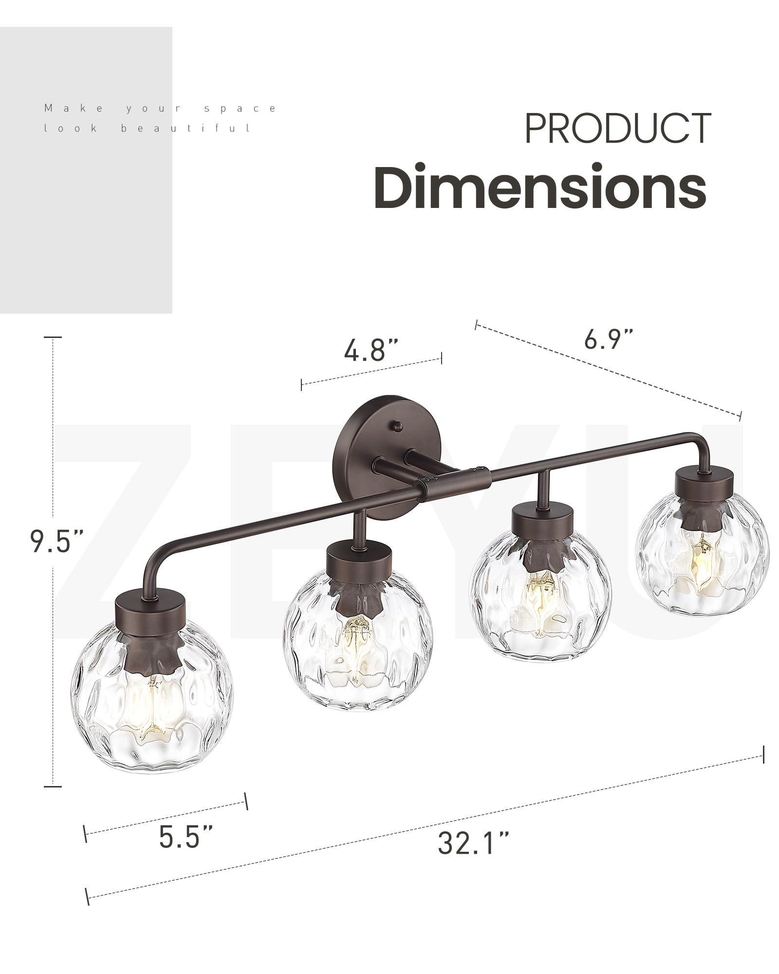 Zeyu 4-Light Bathroom Vanity Light  32 Inch Vintage Vanity Lighting Fixtures  Bathroom Lighting Fixtures With Water Ripple Globe Glass  Zs62Bg-4W Orb-Wg