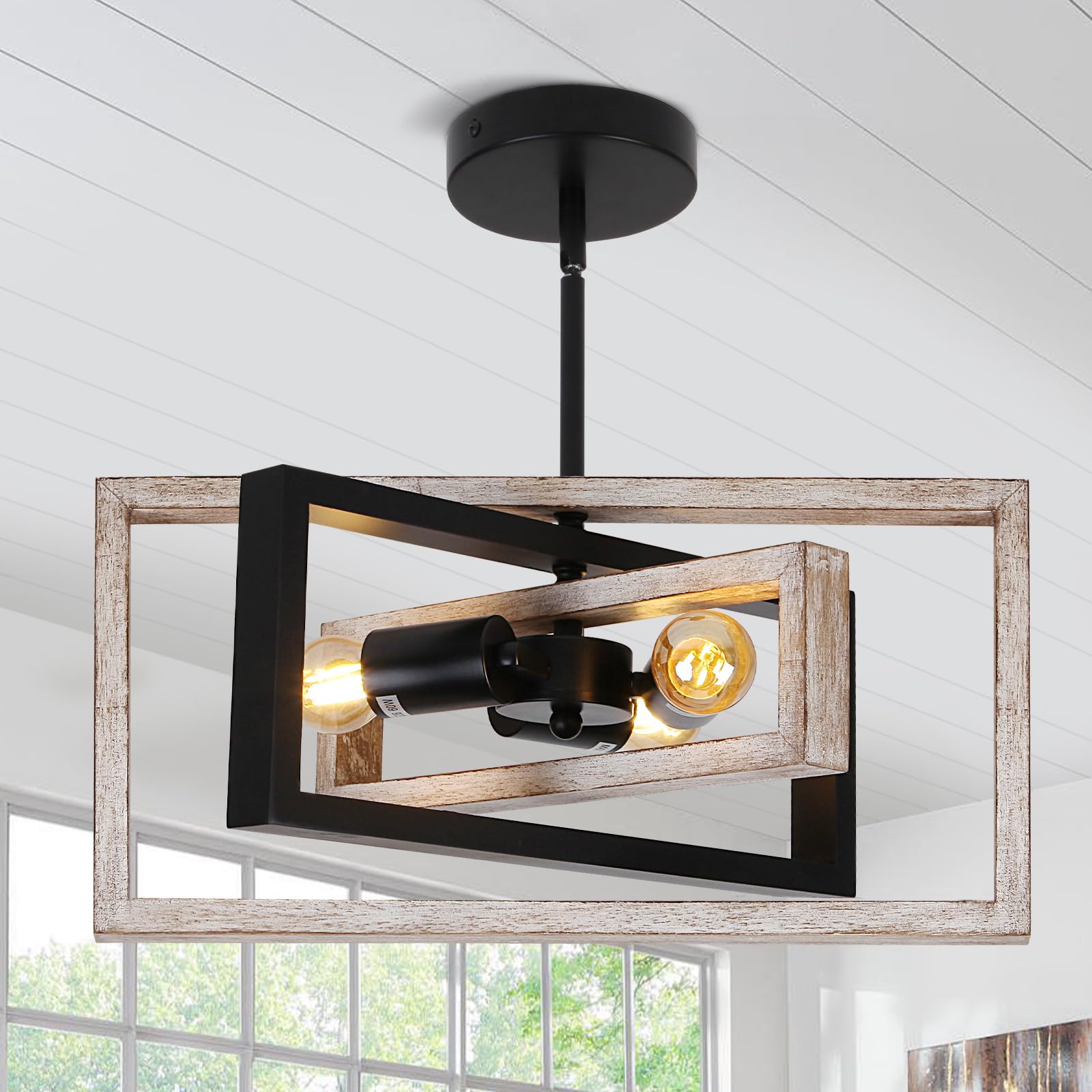 Huismier Farmhouse 3-Lights Flush Mount Ceiling Light Fixture  Industrial Wood And Metal Chandelier  Retro Close To Ceiling Lighting For Kitchen Entryway Hallway Bedroom Dining Room Living Room Foyer