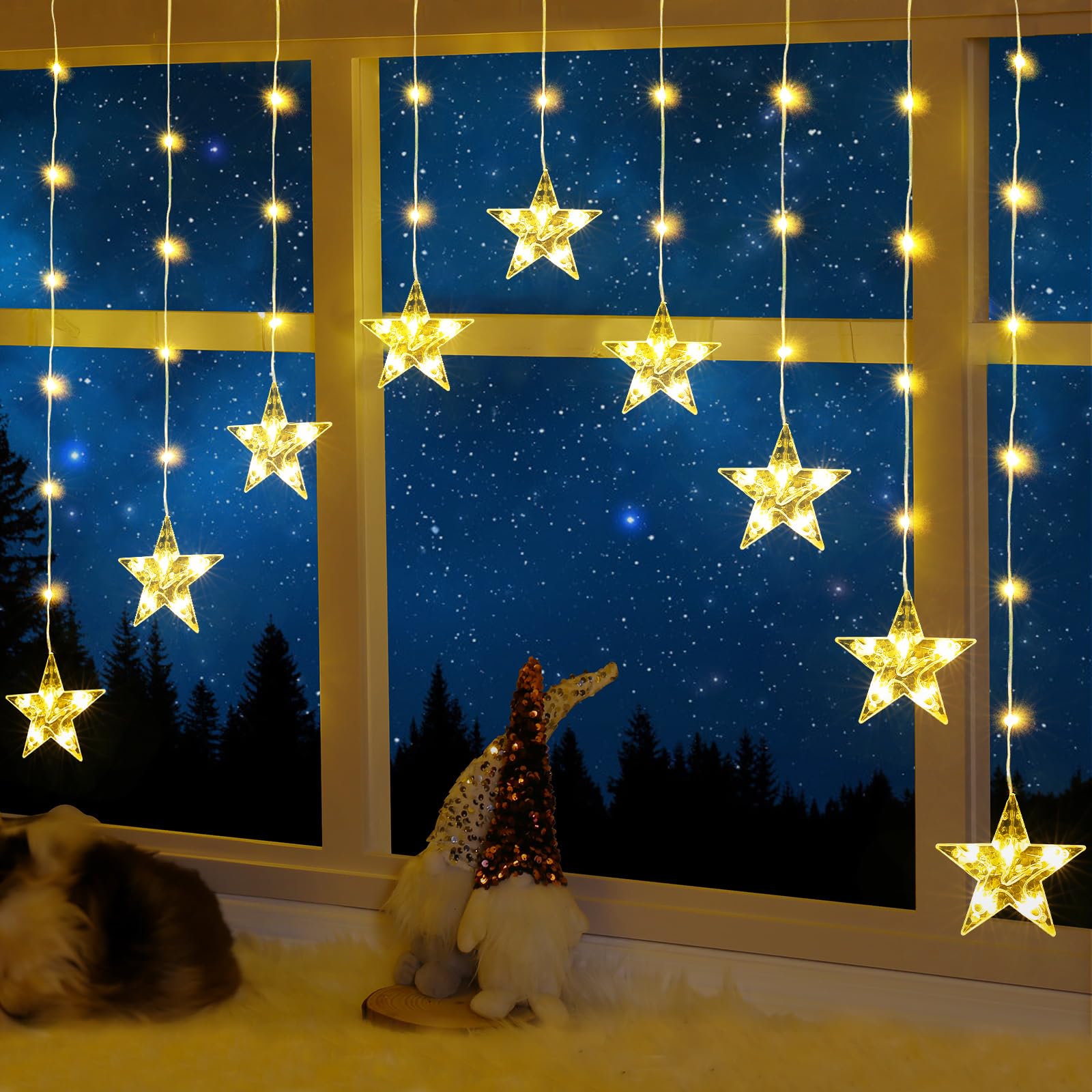 Elktry Star Christmas Decoration, 76 LEDs Indoor Outdoor IP65 Waterproof Warm White & Multicolor Battery Operated Star Window Lights with Timer 11 Modes for Room Door Wall Home Decor (9 Stars)