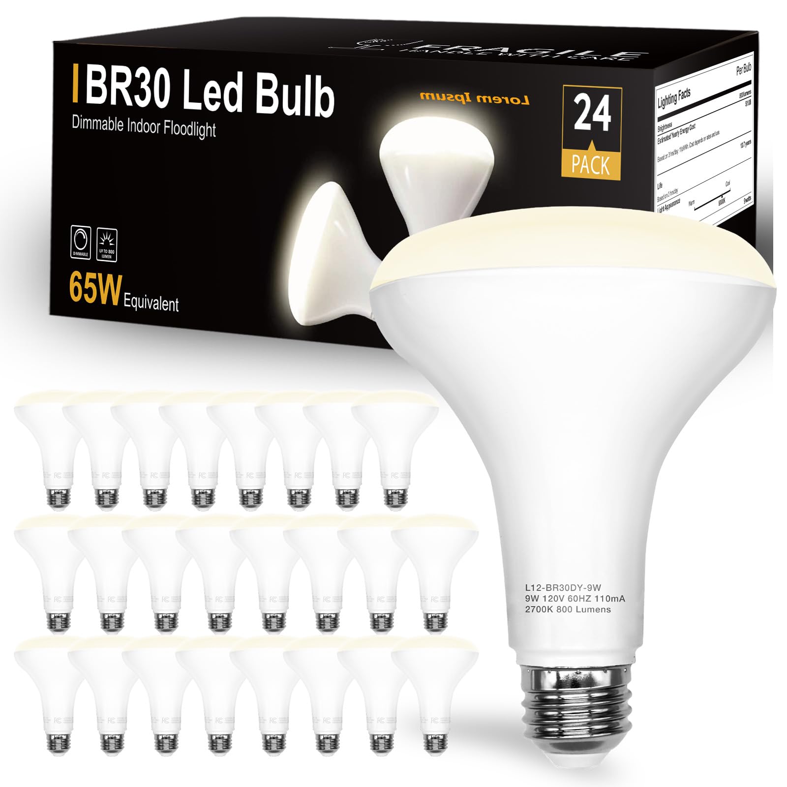 Daybetter 24Pack Br30 Led Bulb 65W Equivalent, Dimmable Flood Light Bulbs Indoor, E26 Base, 4000K Neutral White, 9W, 800 Lm, Rec