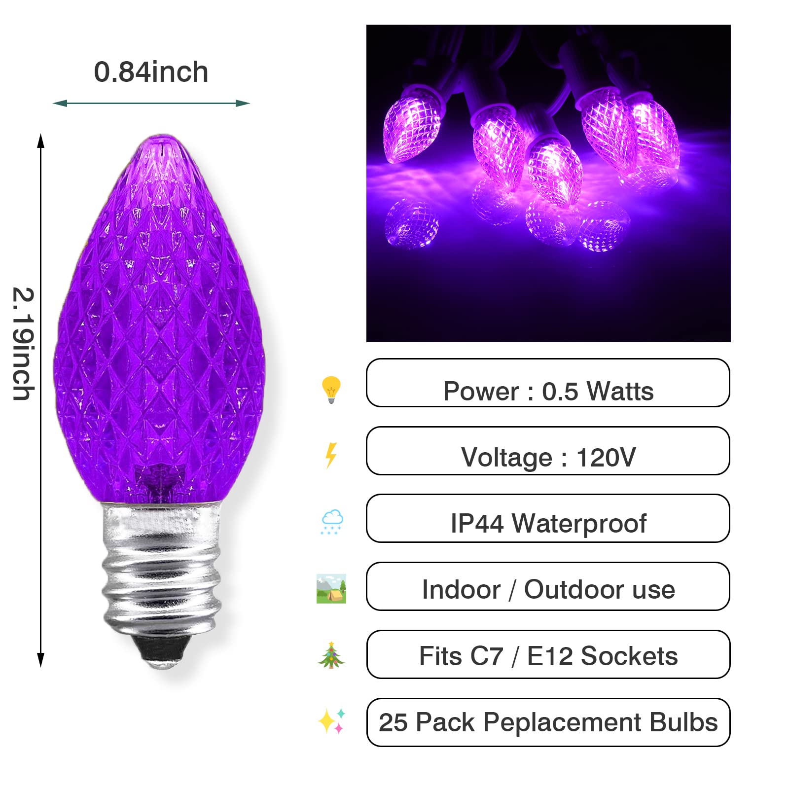 Aniai C7 LED Christmas Light Bulbs - 25 Count, E12 Base, Purple, Plastic, Commercial Grade