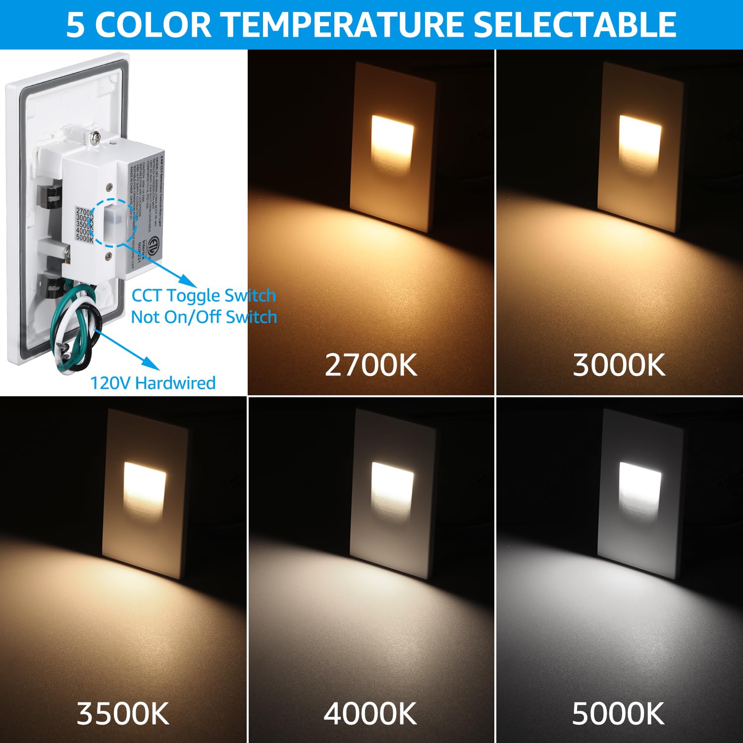 LEONLITE LED Step Lights, Dimmable 3.5W, 5CCT 2700K-5000K, Waterproof, Aluminum, White, Pack of 6,